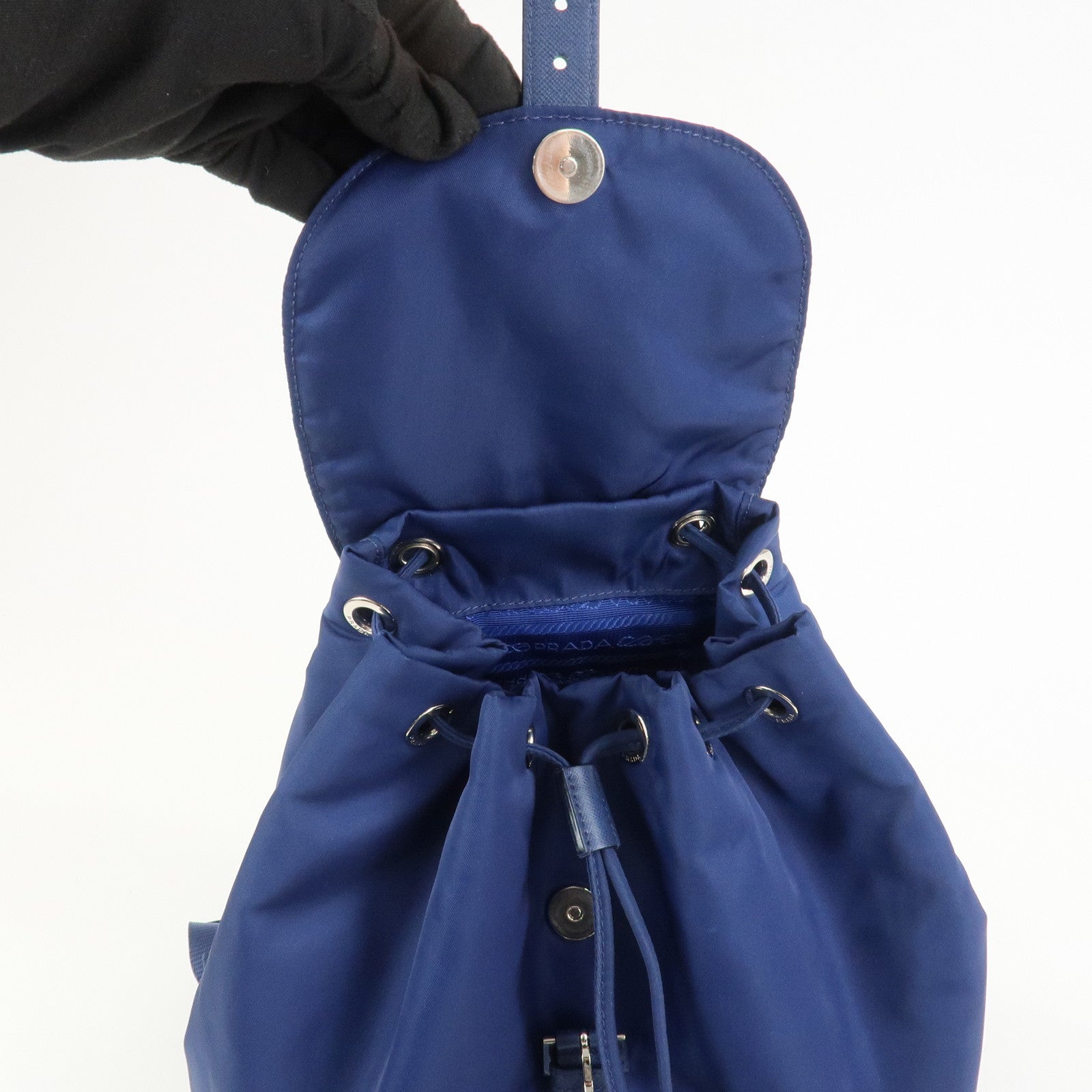 PRADA Triangle Logo Nylon Saffiano Leather Backpack Navy BZ0032