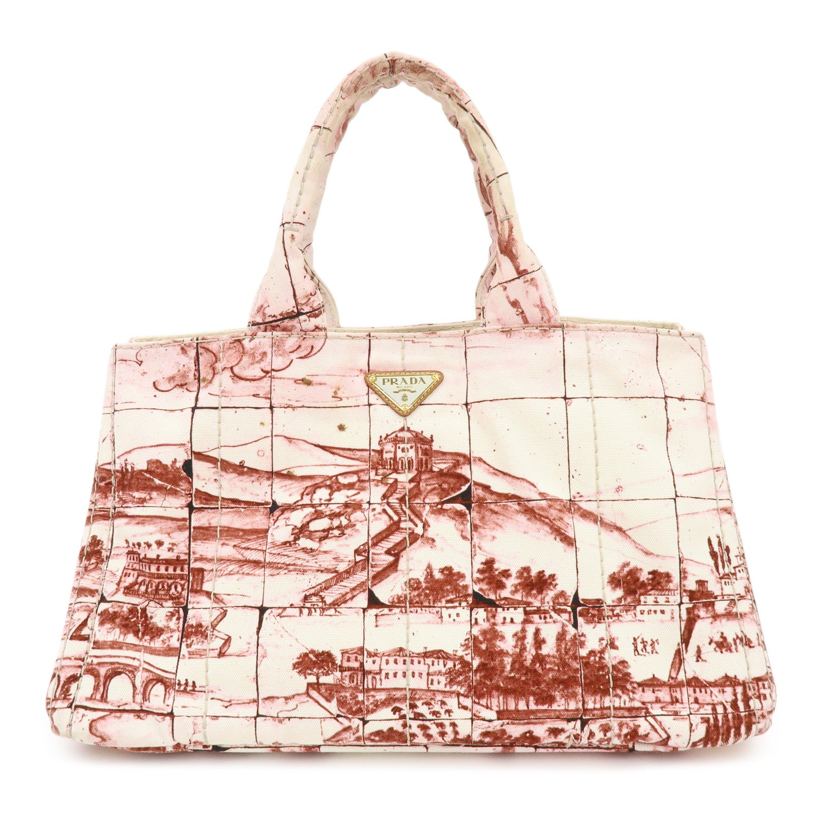 PRADA Canapa Large Triangle Logo Canvas Tote Bag Bordeaux B1872B