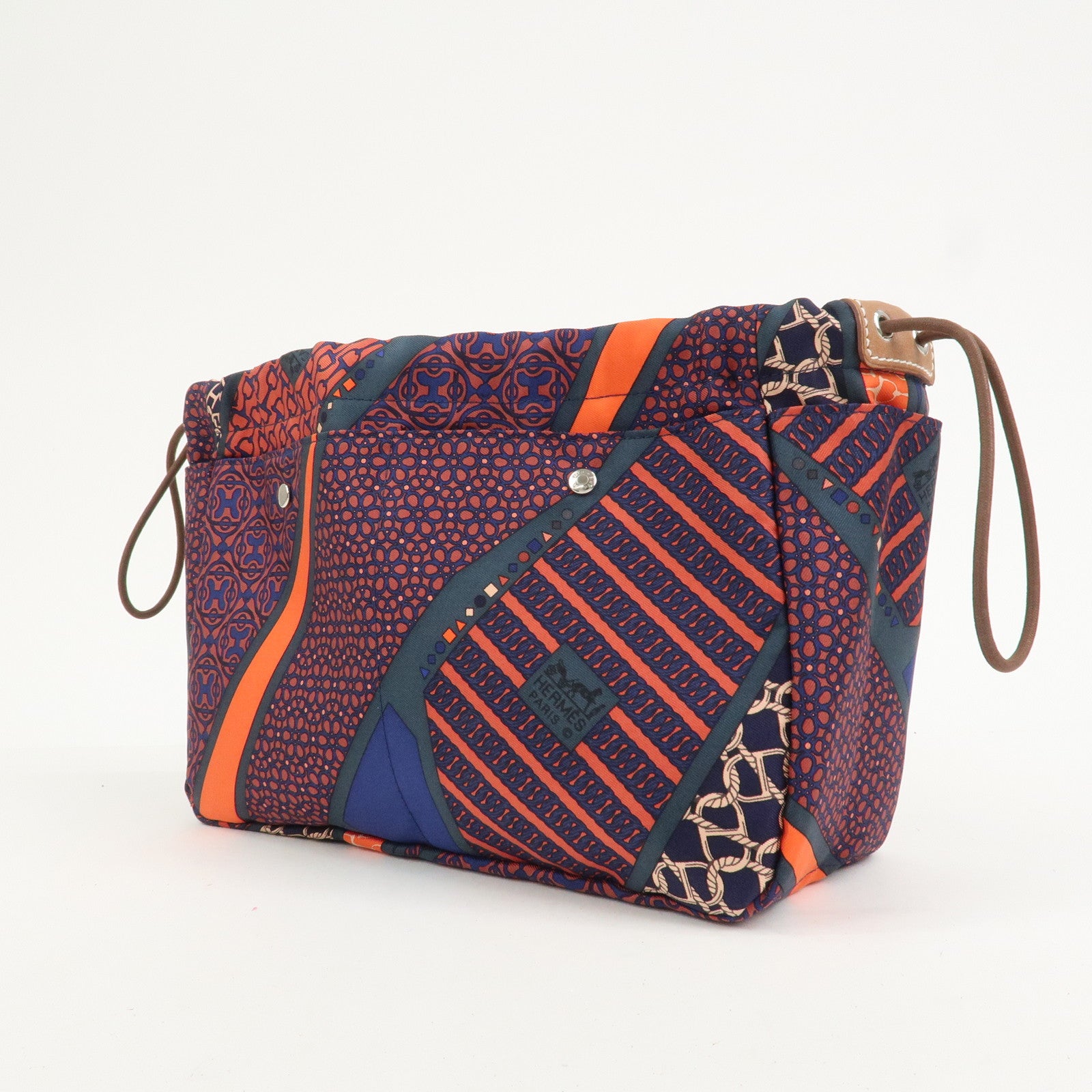 HERMES Fourbi 25 Silk Leather Drawstring Hand Bag Pouch Orange Navy
