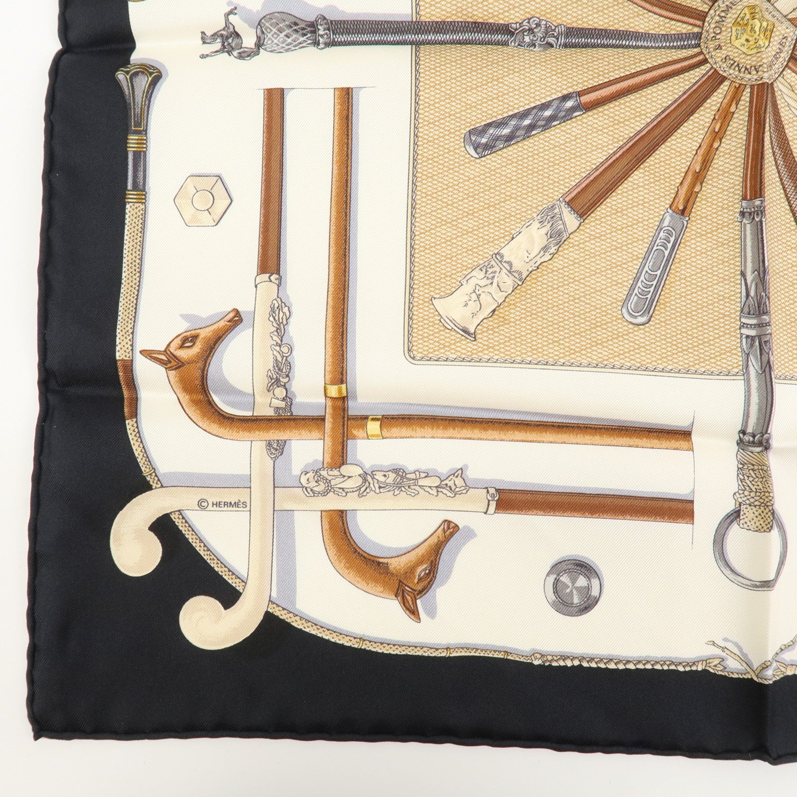 HERMES Carre 45 Silk 100% Scarf Cannes et Pommeaux Black White
