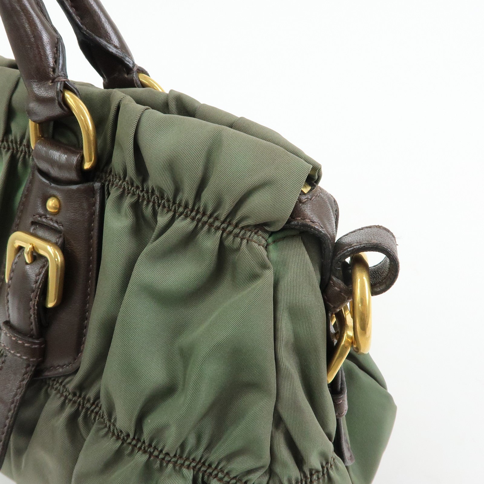 PRADA Nylon Leather Gathered 2Way Bag Hand Bag Khaki BN1407
