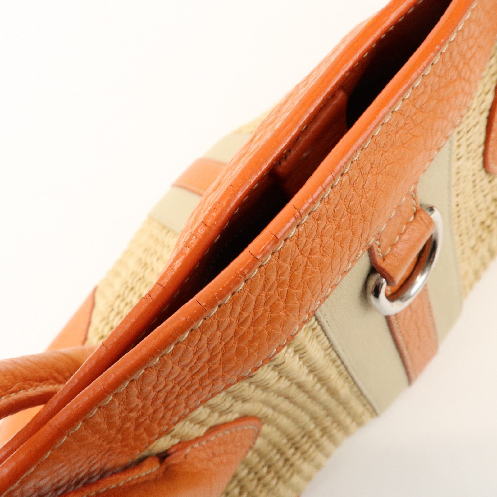 PRADA Triangle Logo Raffia Leather Shoulder Bag Natural Orange