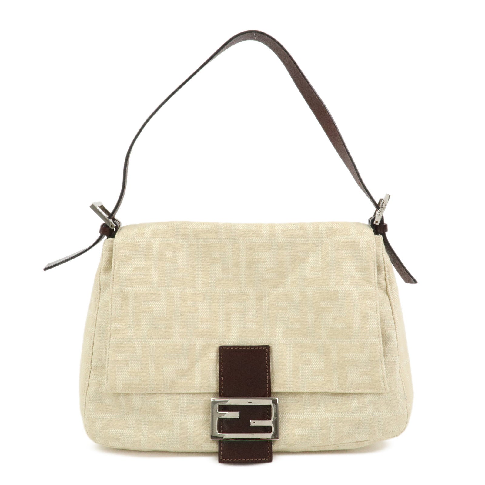 FENDI Mamma Baguette Canvas Leather Shoulder Bag Ivory 26325