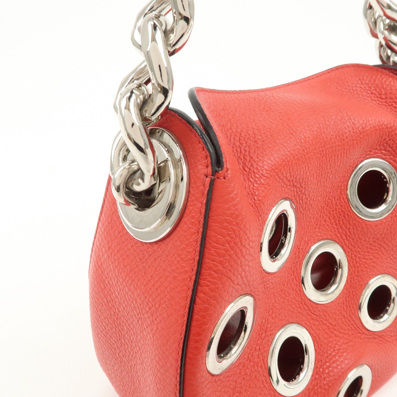 PRADA Logo Grommet Leather Chain Shoulder Bag Red Silver 1BA027