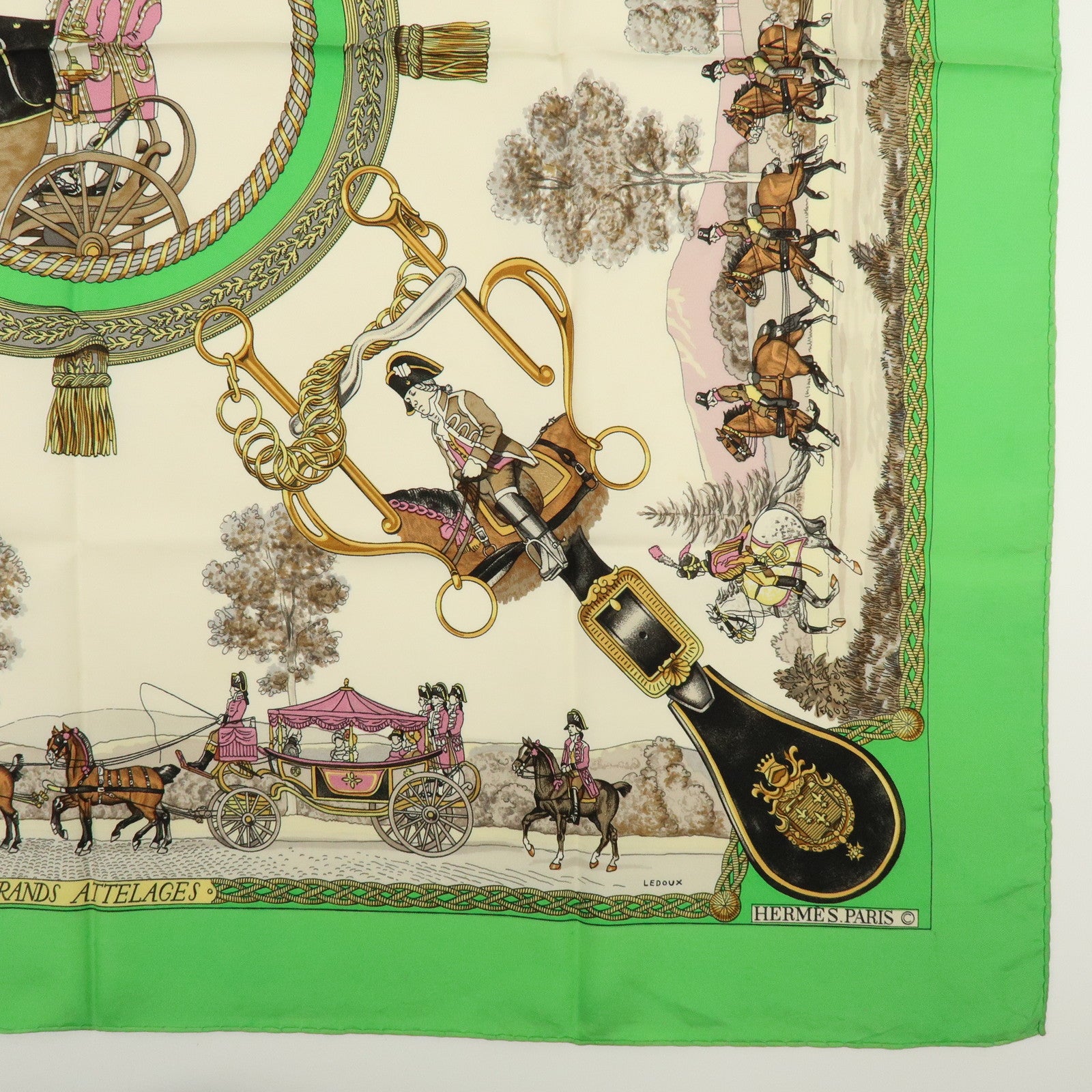 HERMES Carre 90 Silk 100% Scarf GRANDS ATTELAGES Green Pink Gold
