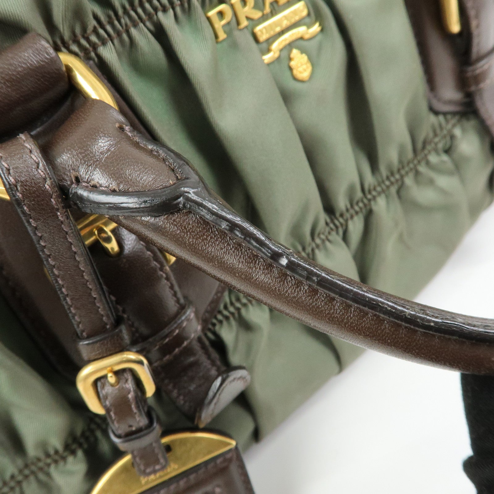 PRADA Nylon Leather Gathered 2Way Bag Hand Bag Khaki BN1407