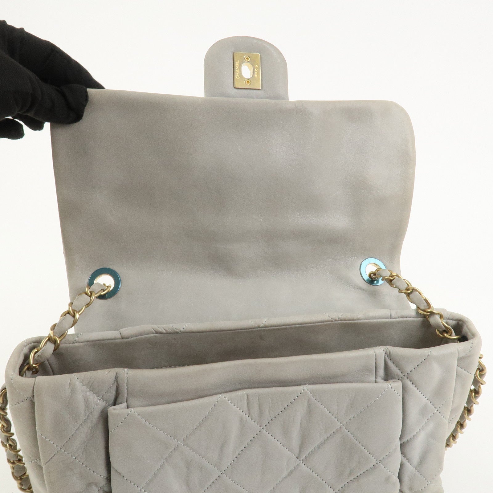 CHANEL Matelasse COCO Mark Shiny Lamb Skin Chain Shoulder Bag Gray