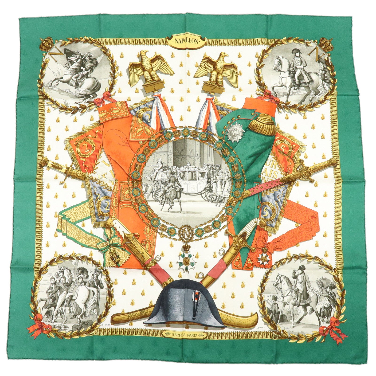 HERMES Carre 90 Silk 100% Scarf NAPOLEON Green White