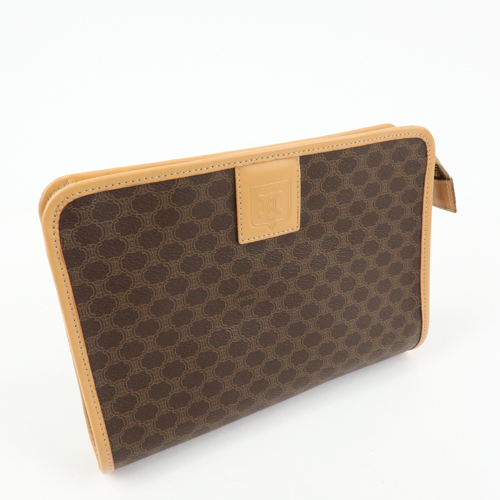 CELINE Macadam PVC Leather Clutch Bag Cosmetic Pouch Brown
