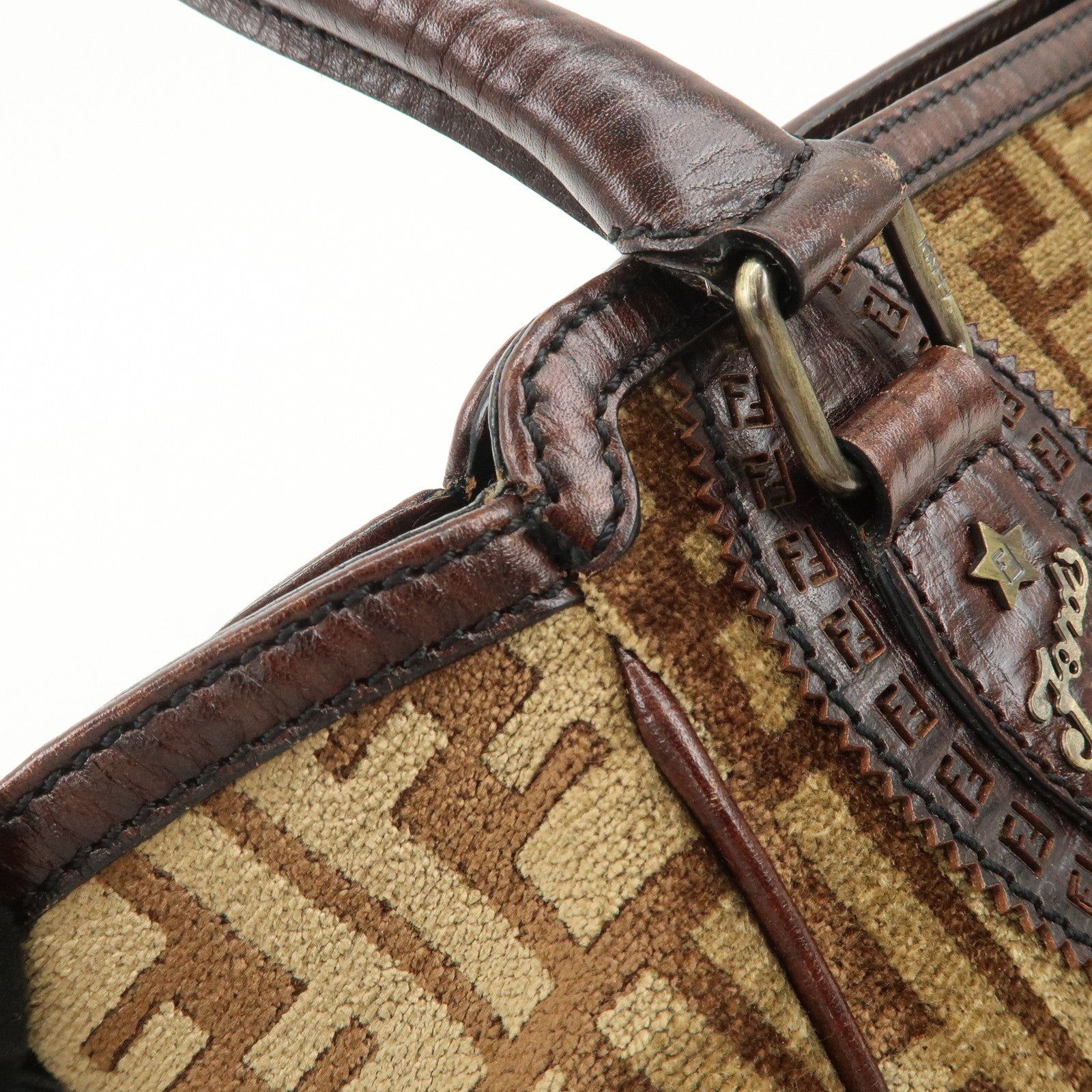 FENDI Suede Leather Ethnico Tote Bag Shoulder Bag Brown 8BN157