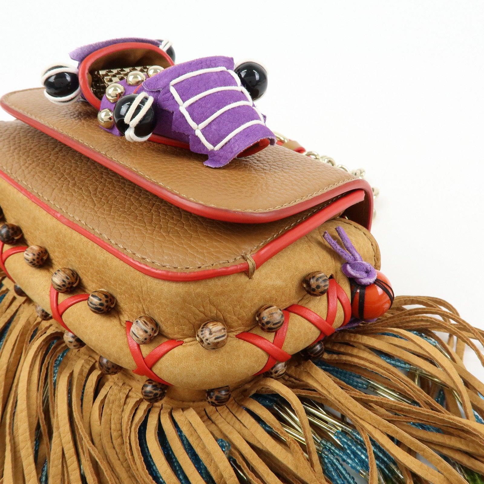 Christian Louboutin Leather Beaded Fringe Shoulder Bag Brown