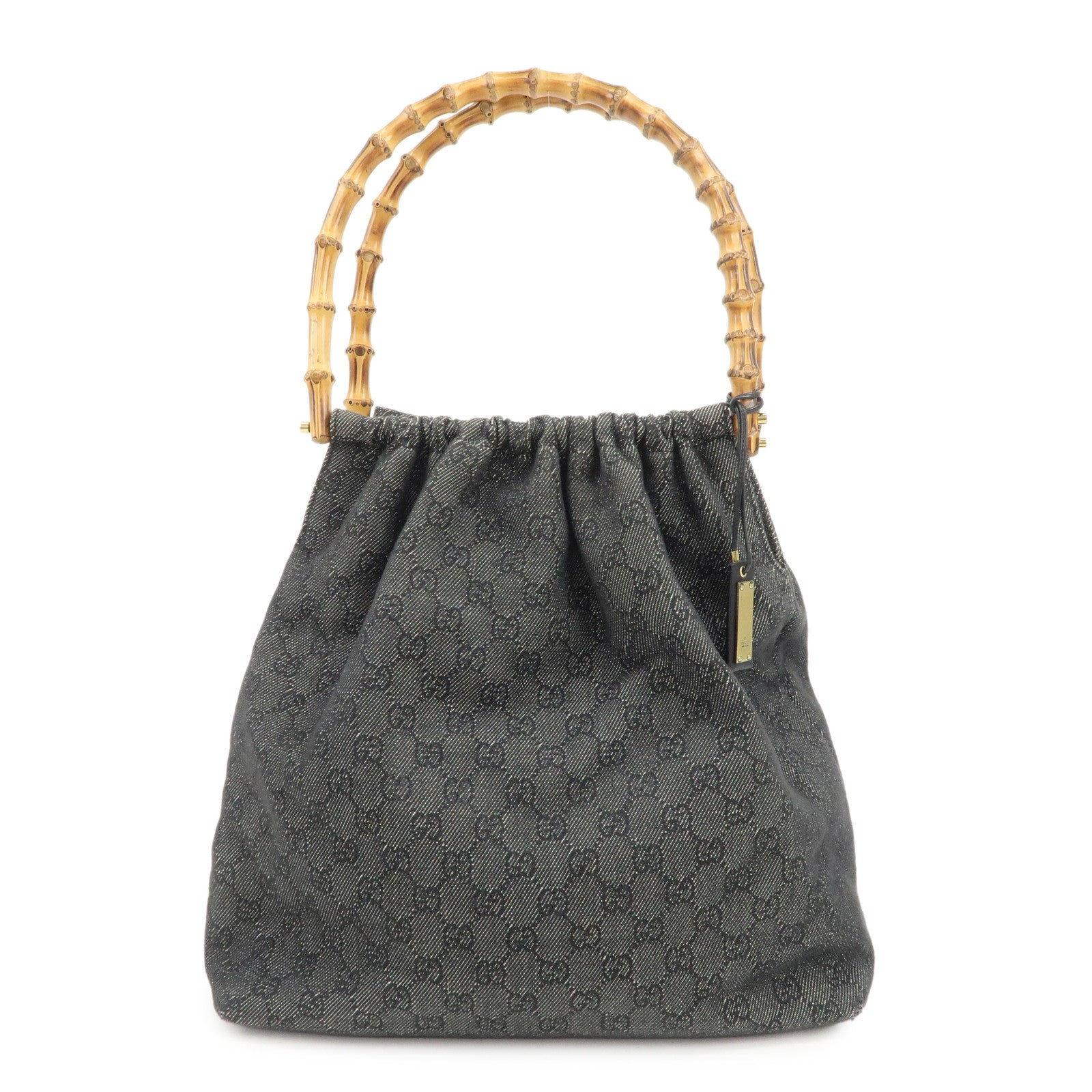 GUCCI Bamboo GG Monogram Denim Shoulder Bag Hand Bag Black 92709