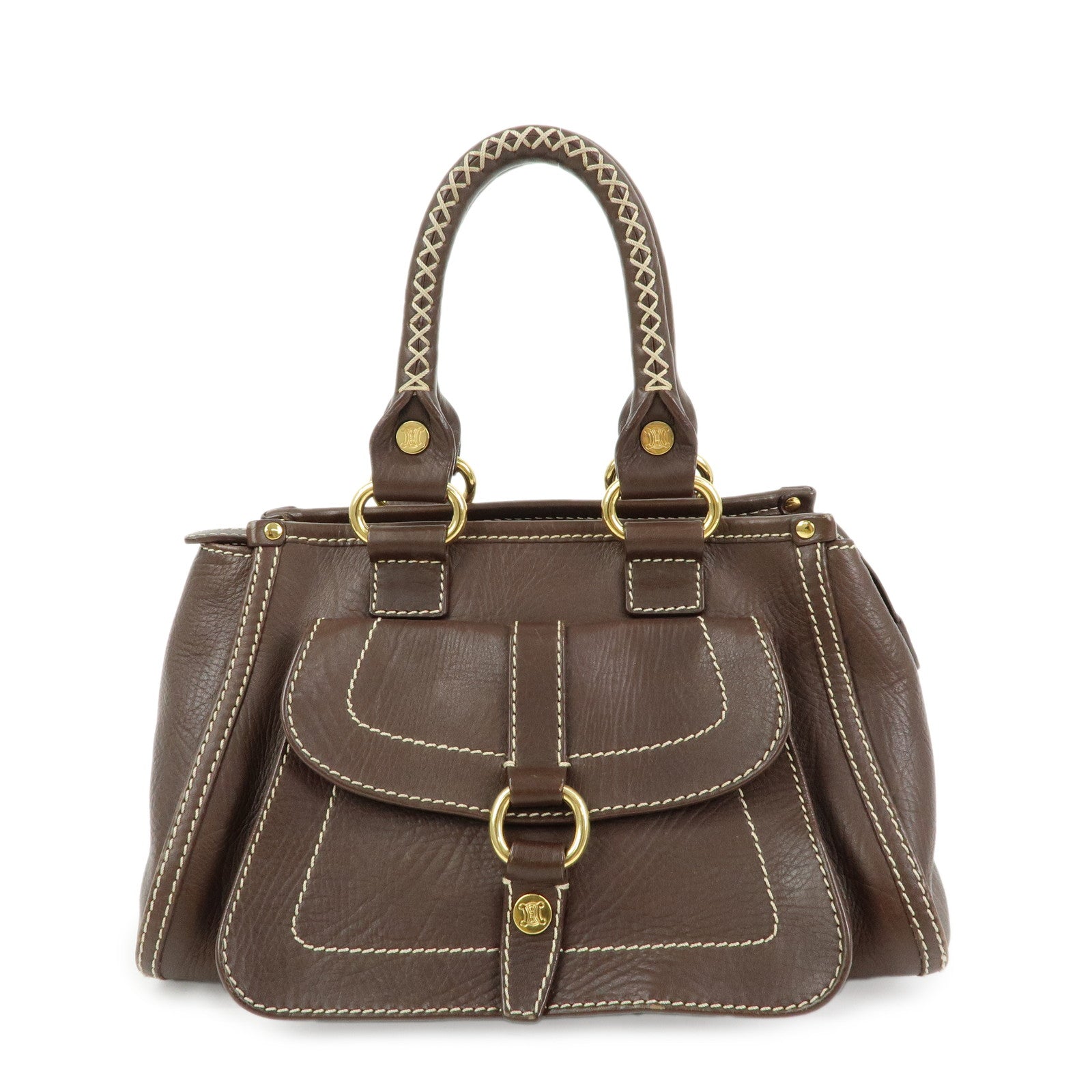 CELINE Logo Leather Hand Bag Mini Boston Bag Dark Brown
