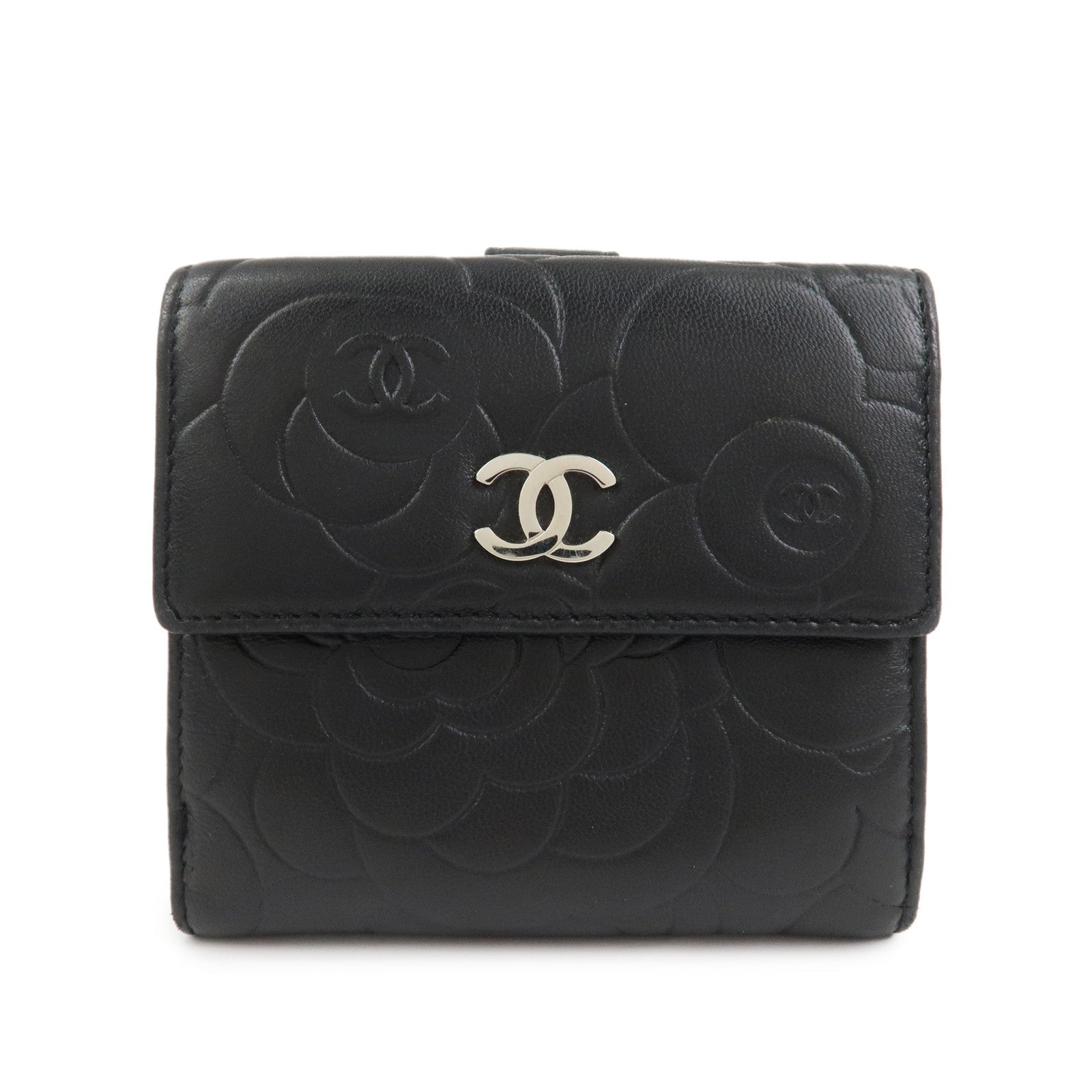 CHANEL Camellia COCO Mark Lamb Skin Compact Wallet Black