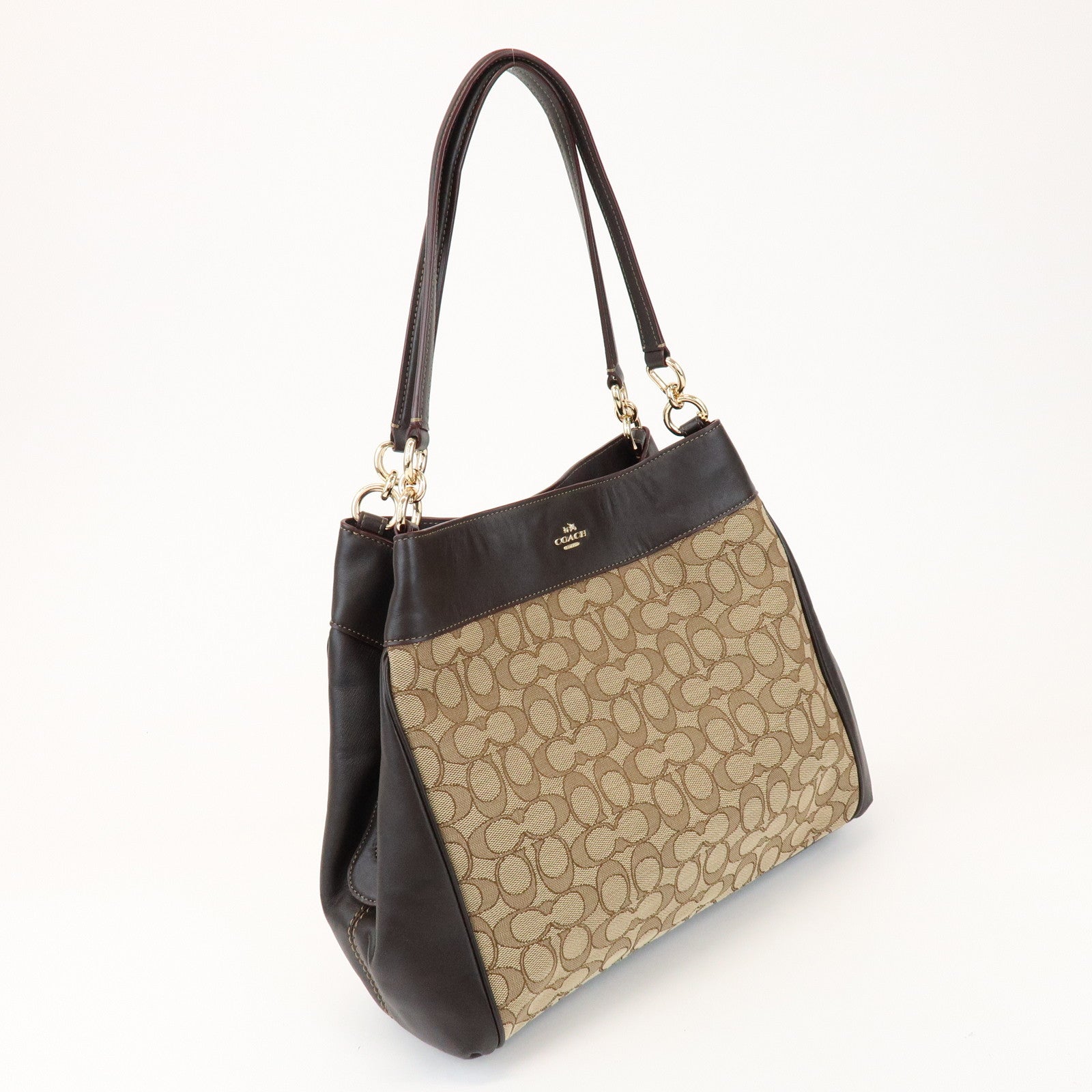 COACH Signature Logo Canvas Leather Shoulder Bag Hand Bag Brown