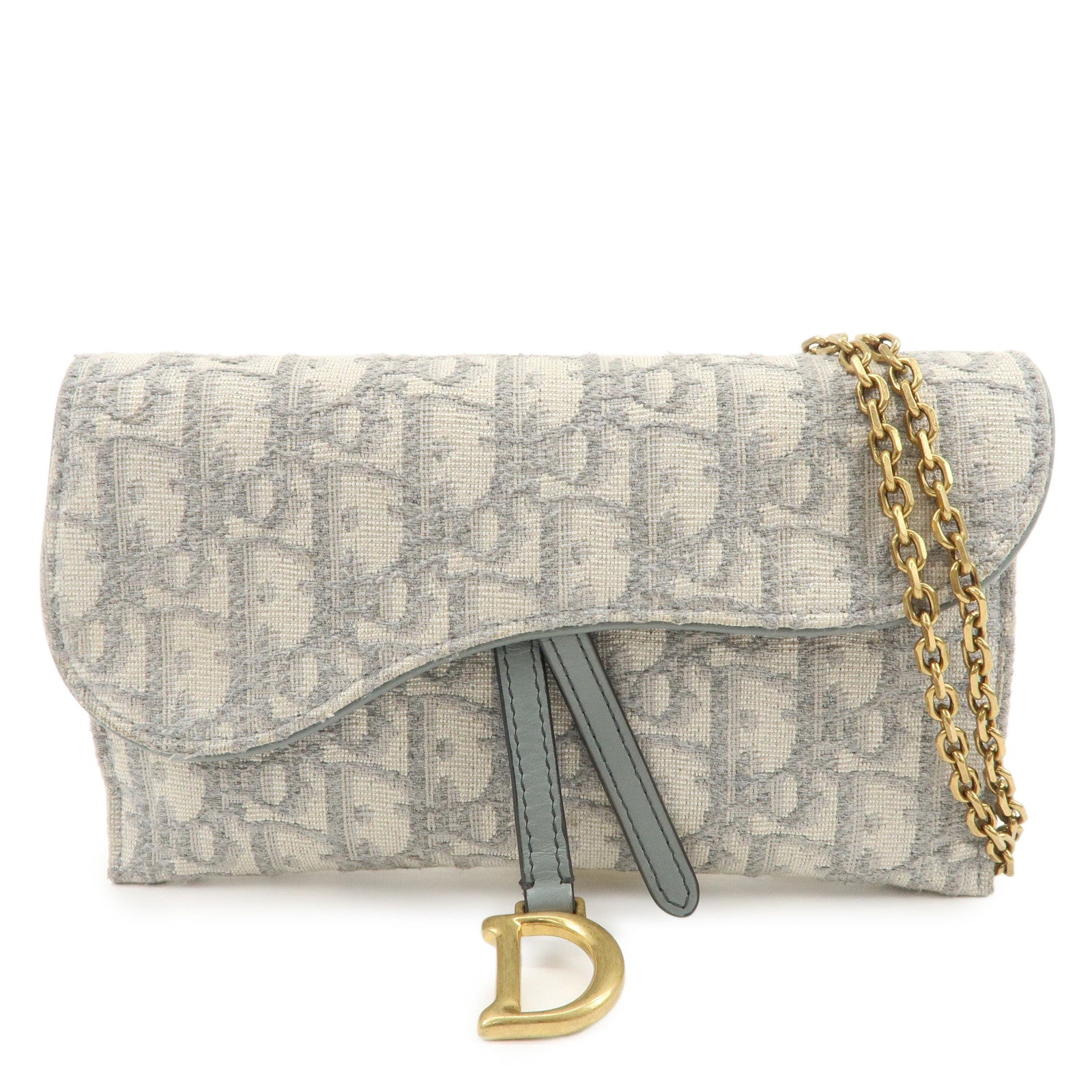 Christian Dior Oblique Jacquard Calf Leather Chain Wallet Gray WOC