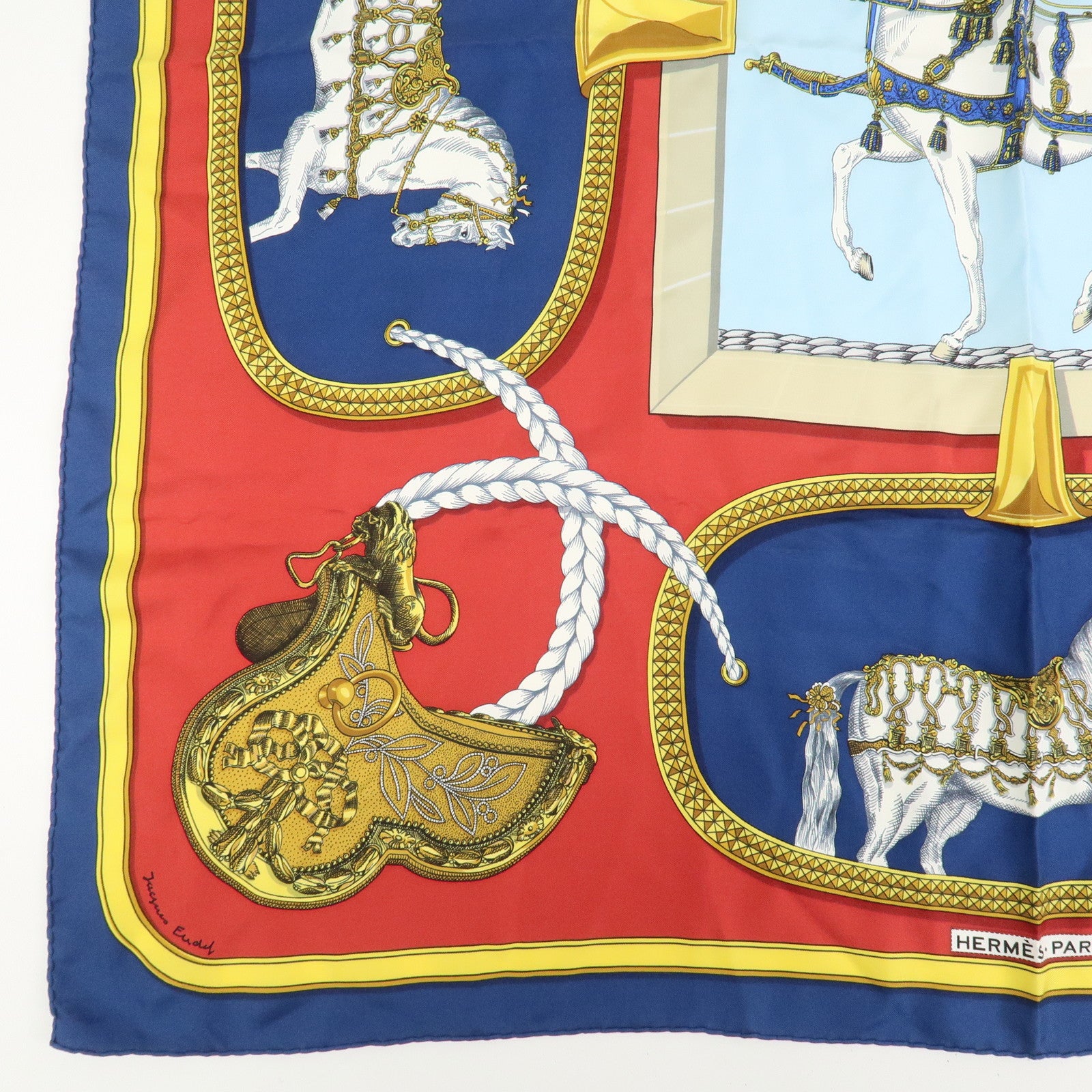 HERMES Carre 90 Silk 100% Scarf GRAND APPARAT Red Navy