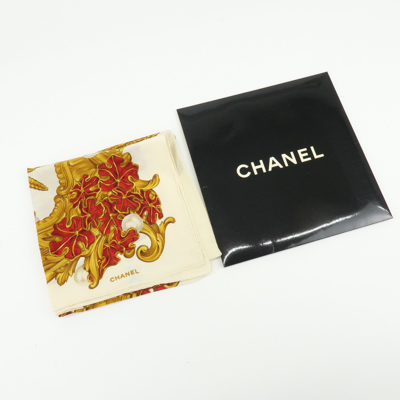 CHANEL Silk 100% Scarf Pearl Flower Motif Gold Red Ivory
