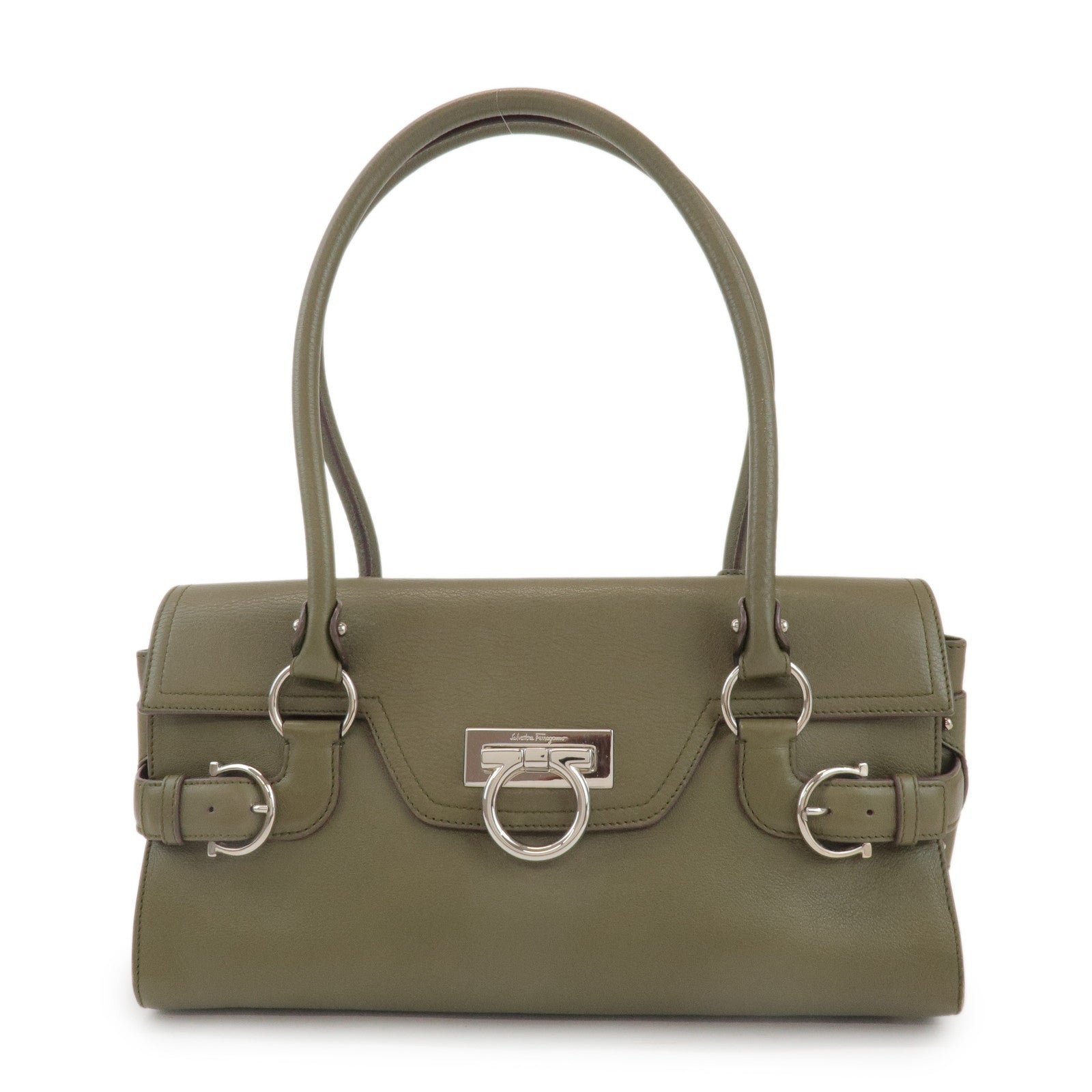 Ferragamo Gancini Leather Shoulder Bag Hand Bag Khaki