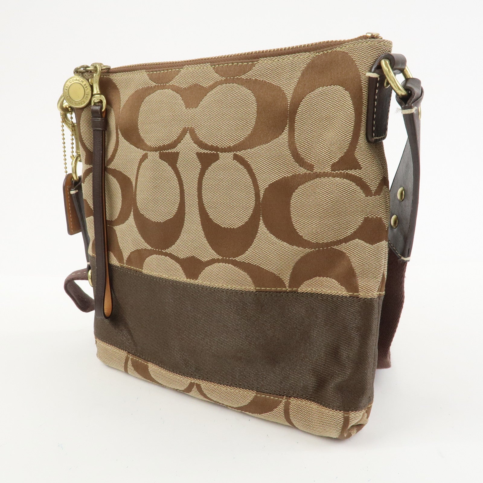 COACH Signature Canvas Leather Shoulder Crossbody Bag Beige Brown