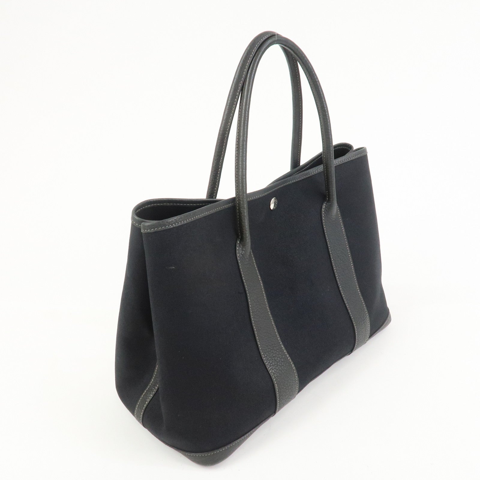 HERMES Garden Party PM Canvas Leather □K Stamped Tote Bag Black