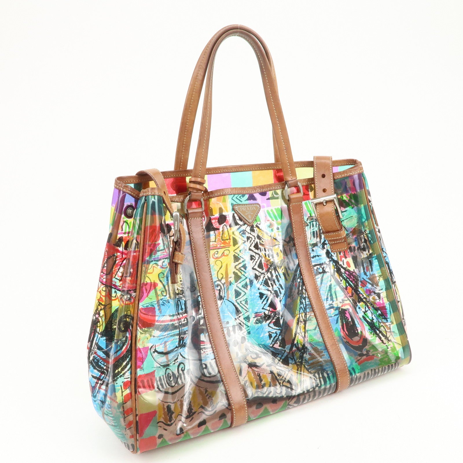 PRADA Venetian Print PVC Leather Tote Bag Clear Multicolor BR2515
