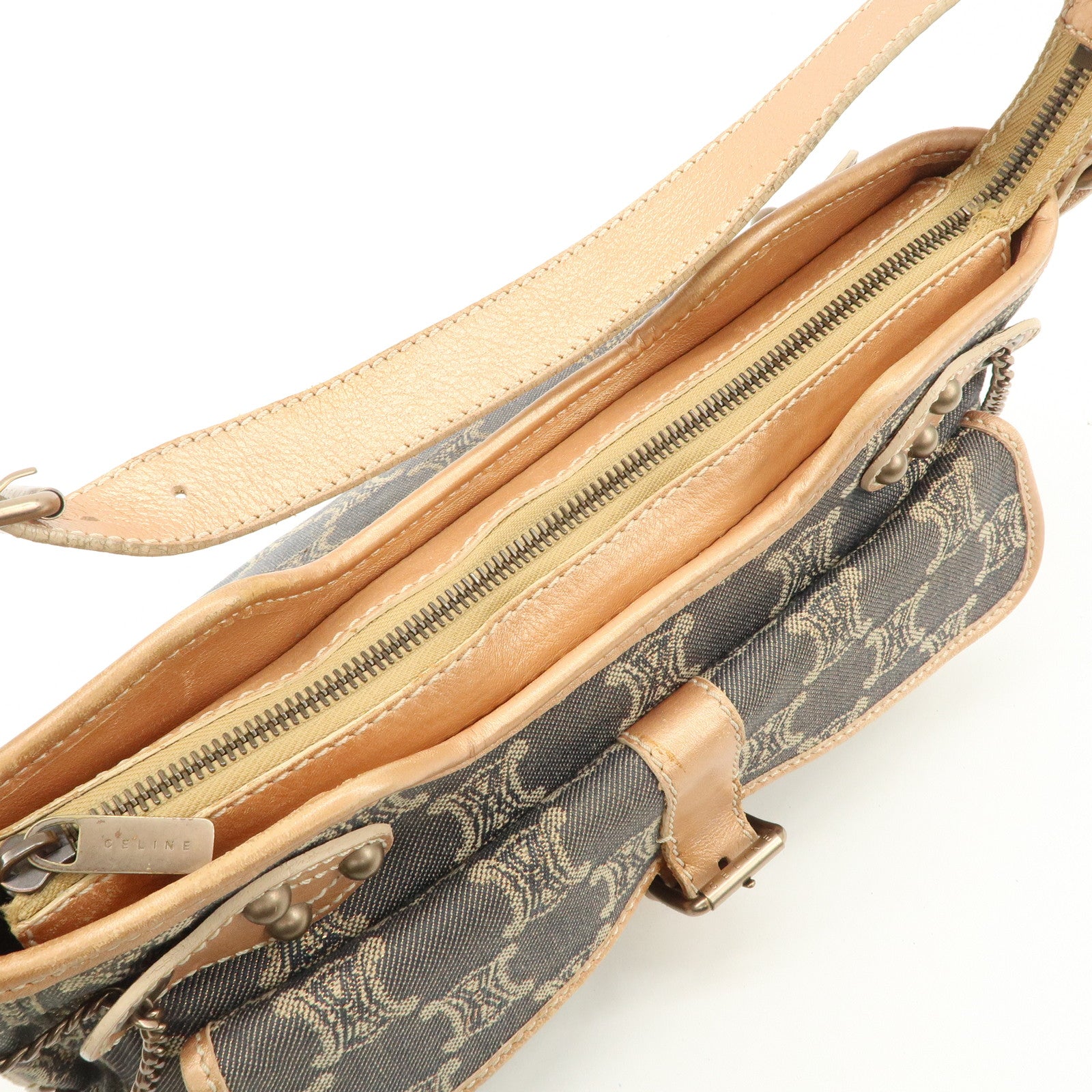 CELINE Macadam Leather Denim Shoulder Bag Hand Bag Beige Navy Used