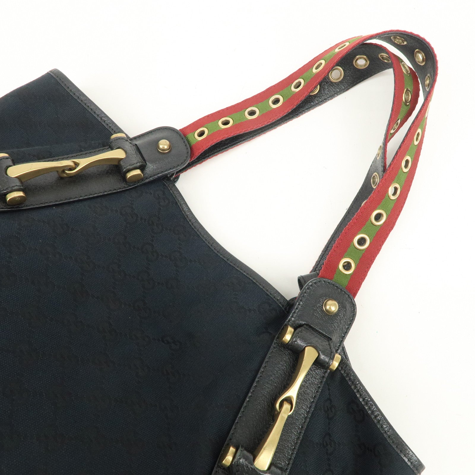 GUCCI Horsebit GG Canvas Leather Tote Bag Hand Bag Black 144186
