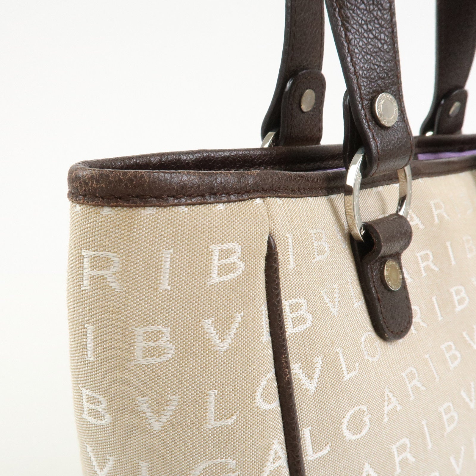 BVLGARI Logo Mania Canvas Leather Tote Bag Hand Bag Beige Brown