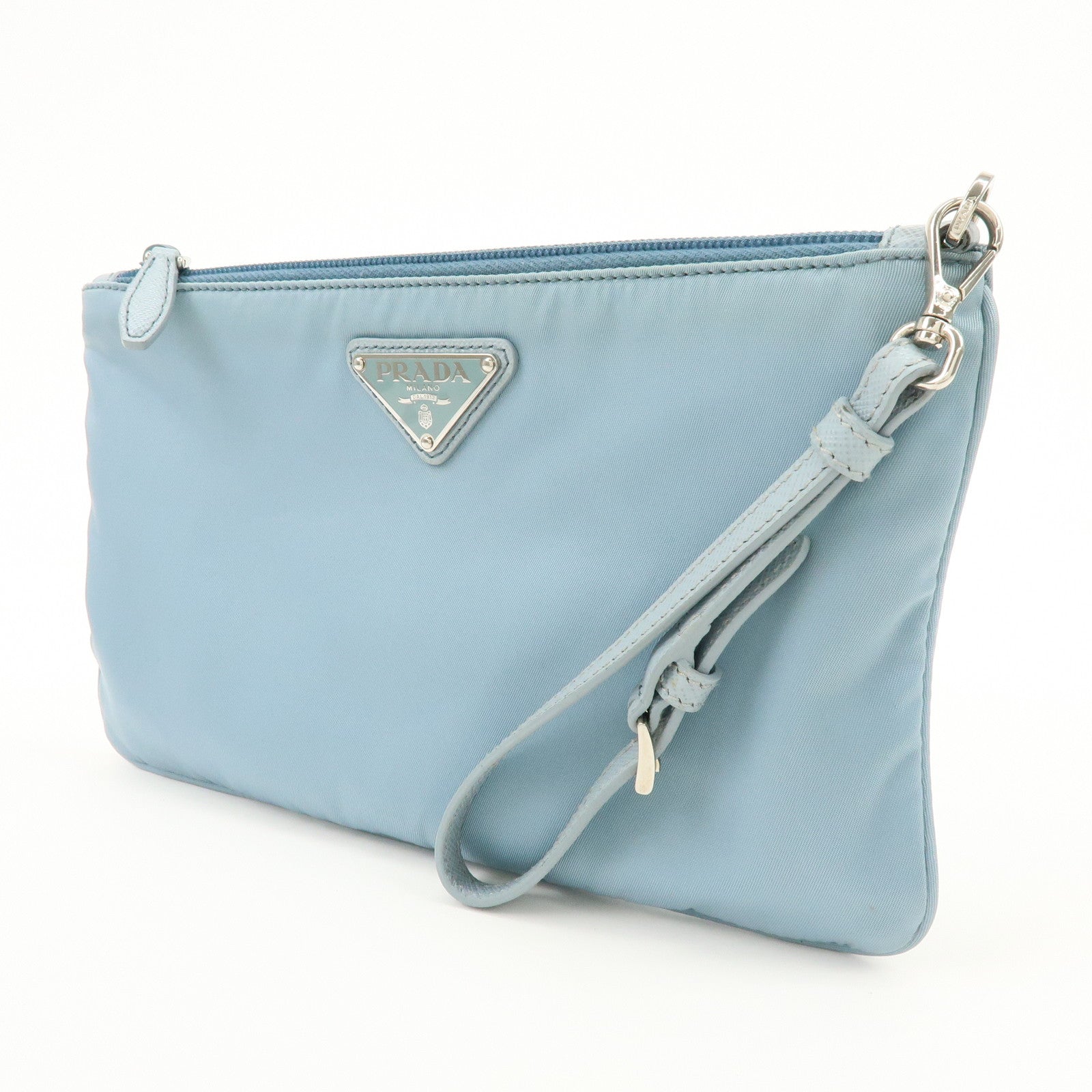 PRADA Triangle Logo TESSUTO IMPUNTU Nylon Pouch Light Blue 1NH545