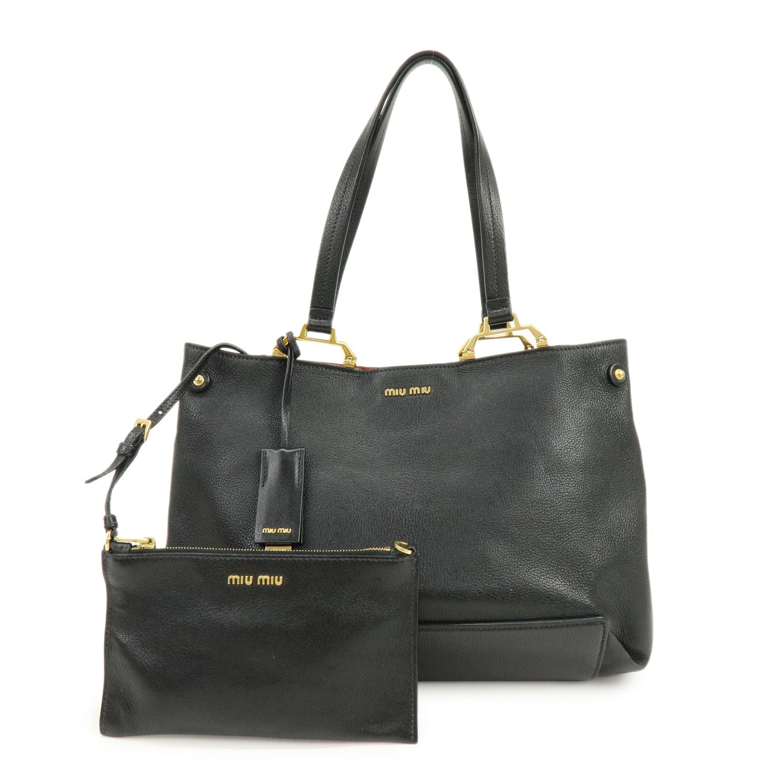 MIU MIU Logo Leather Tote Bag Hand Bag Black Gold 5BG025