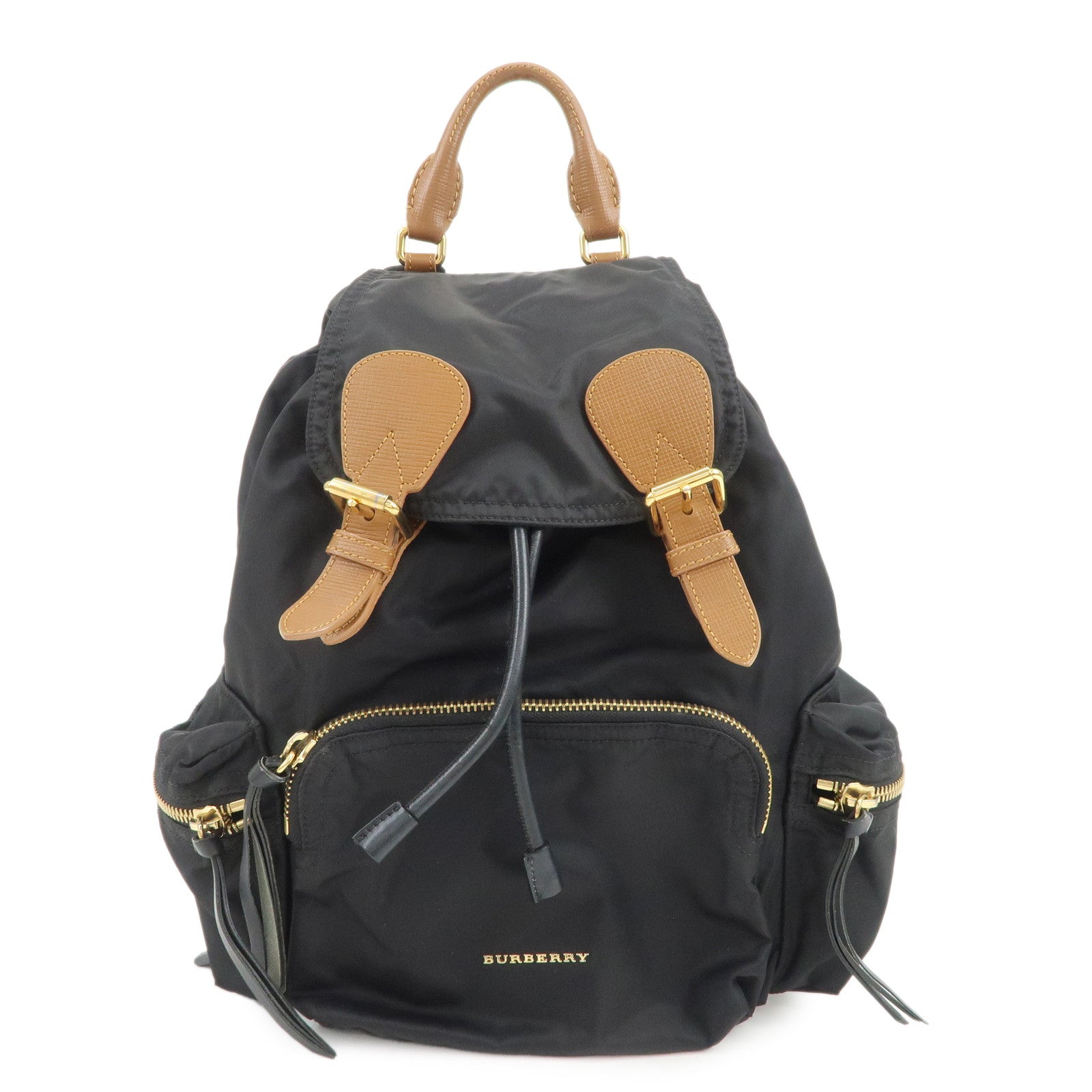 BURBERRY Nylon Leather Backpack Rucksuck Black Brown Gold