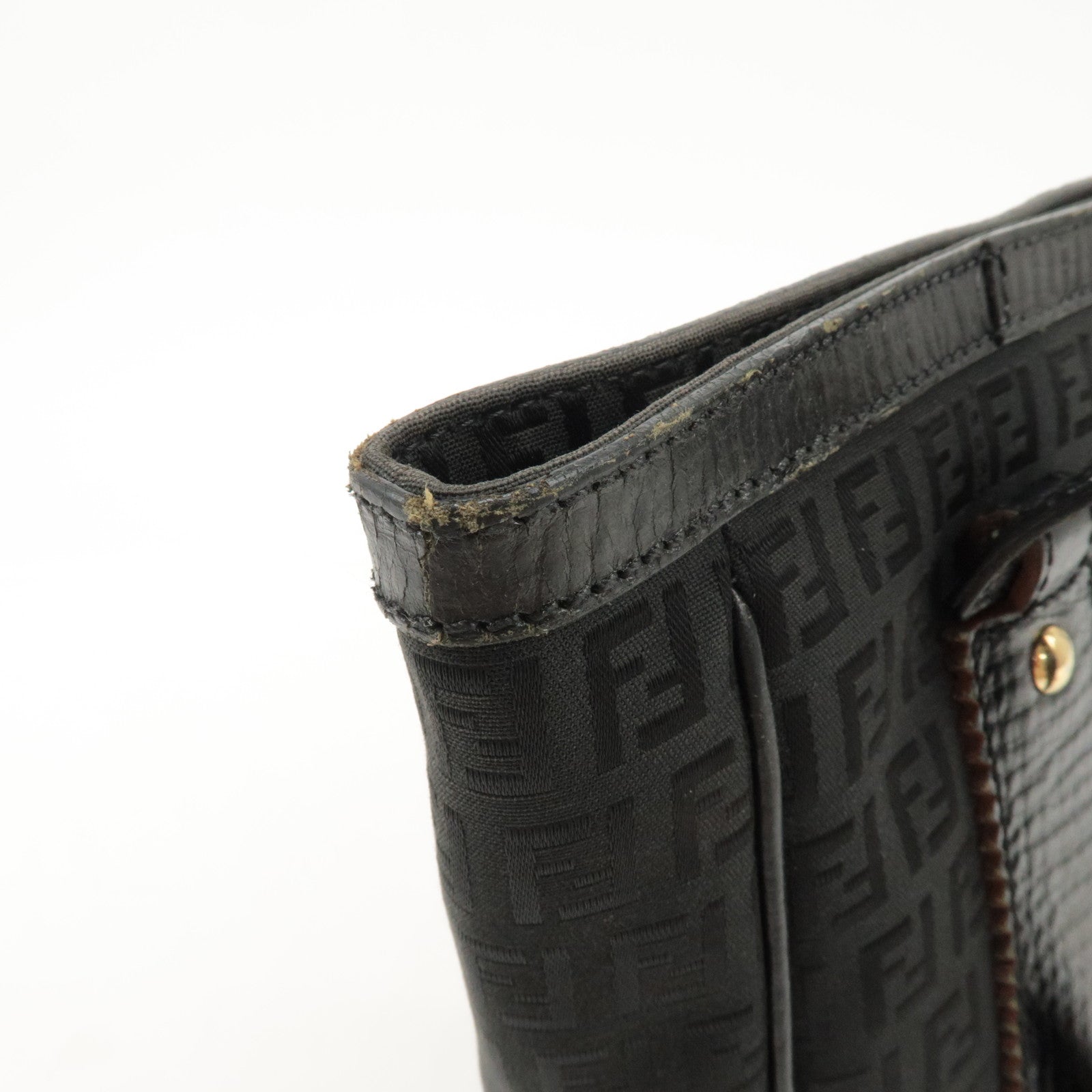 FENDI Zucchino Leather Canvas Tote Bag Hand Bag Black 8BH161 Used