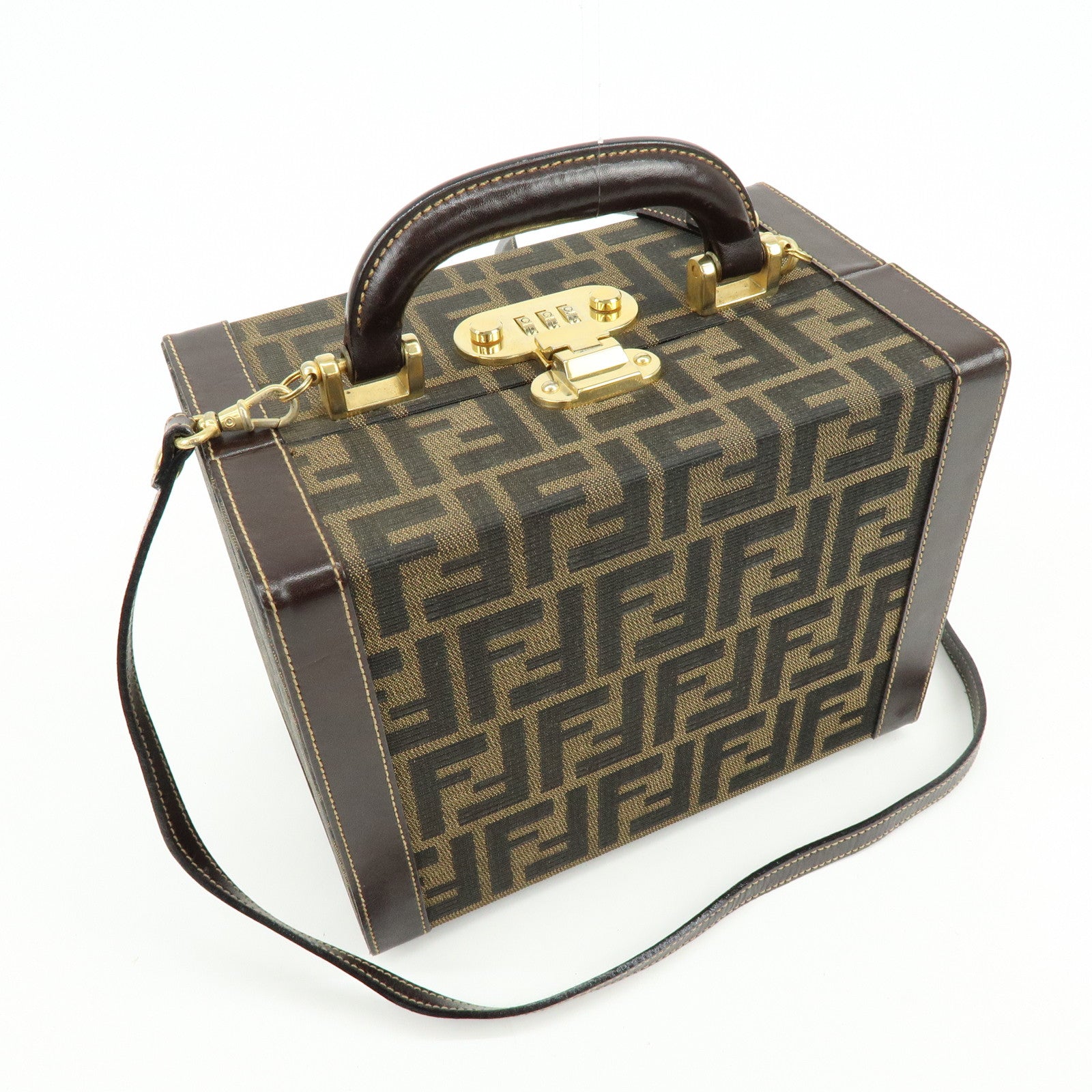 FENDI Zucca Canvas Leather Hand Bag Jewelry Box Brown Black