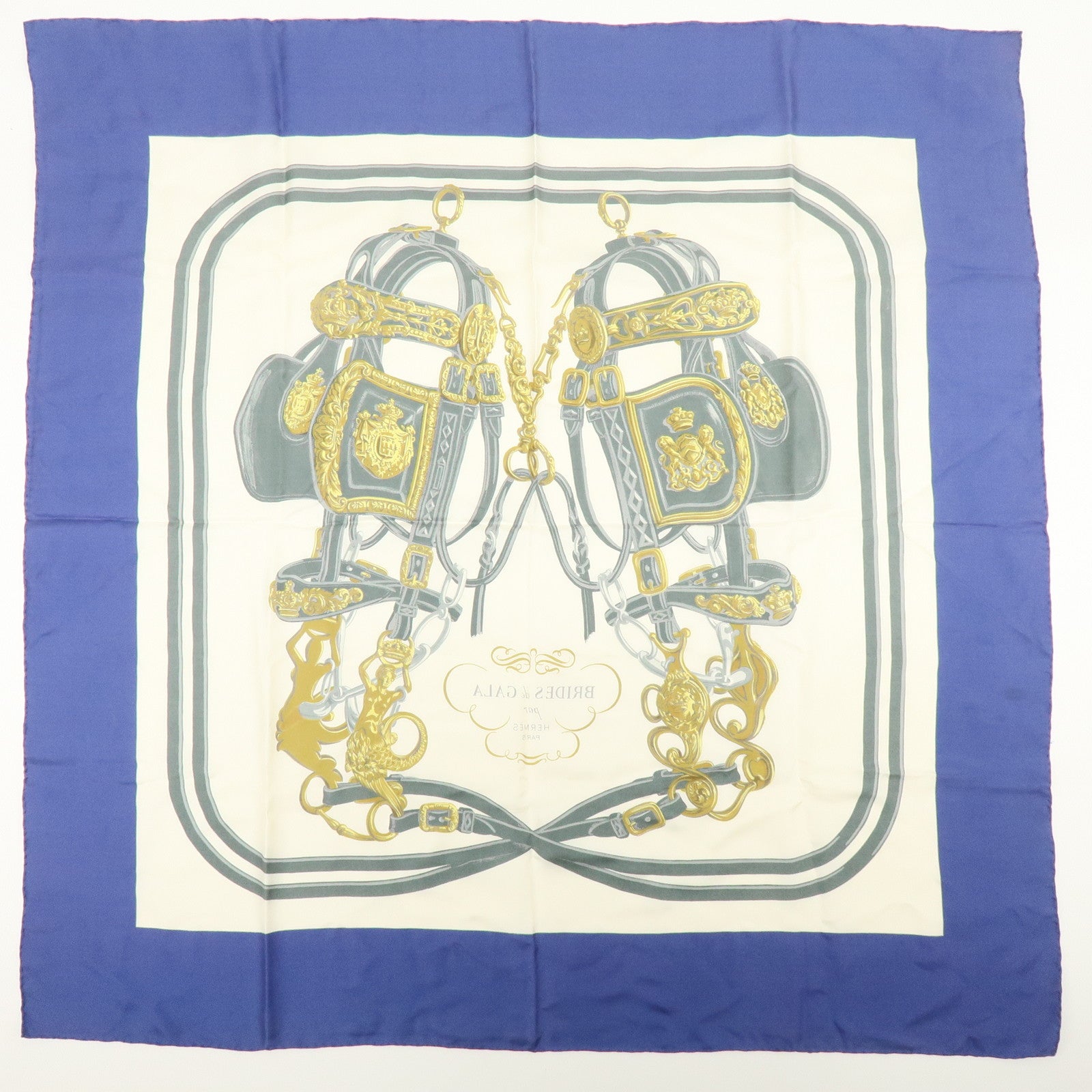 HERMES Carre 90 Silk 100% BRIDES DE GALA Scarf Ivory Blue