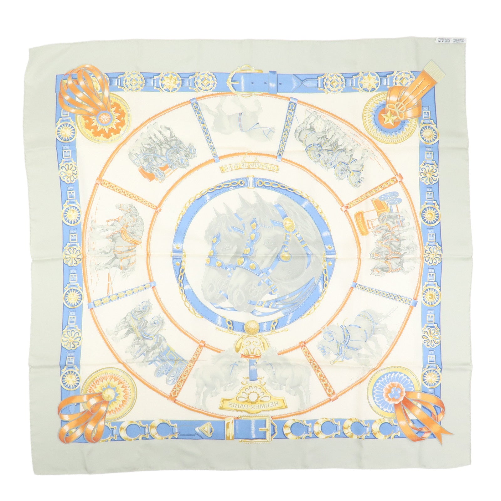 HERMES Carre 90 Silk 100% Scarf CHEVAUX DE TRAIT Ivory Multicolor