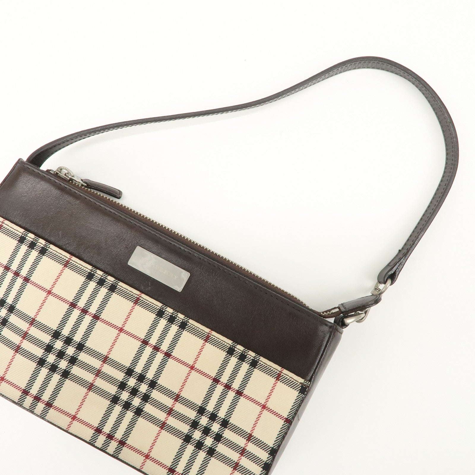 BURBERRY Leather Canvas Shoulder Bag Nova Plaid Brown
