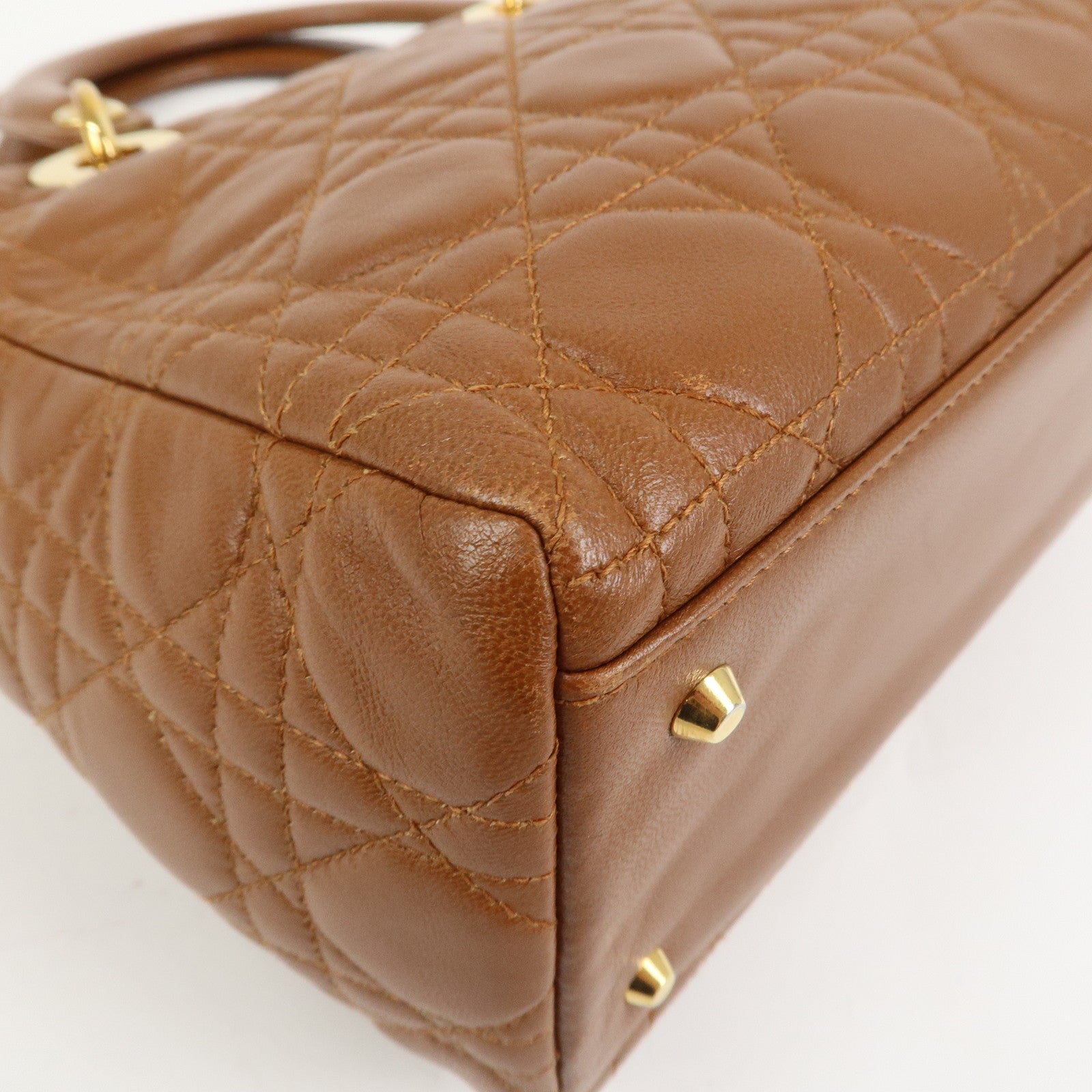 Christian Dior Canage Lady Dior Lamb Skin Hand Bag Tote Bag Brown