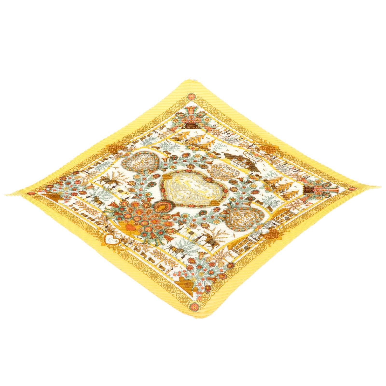 HERMES Pleated Carre 90 Silk 100% Scarf DECOUPAGES Yellow Orange