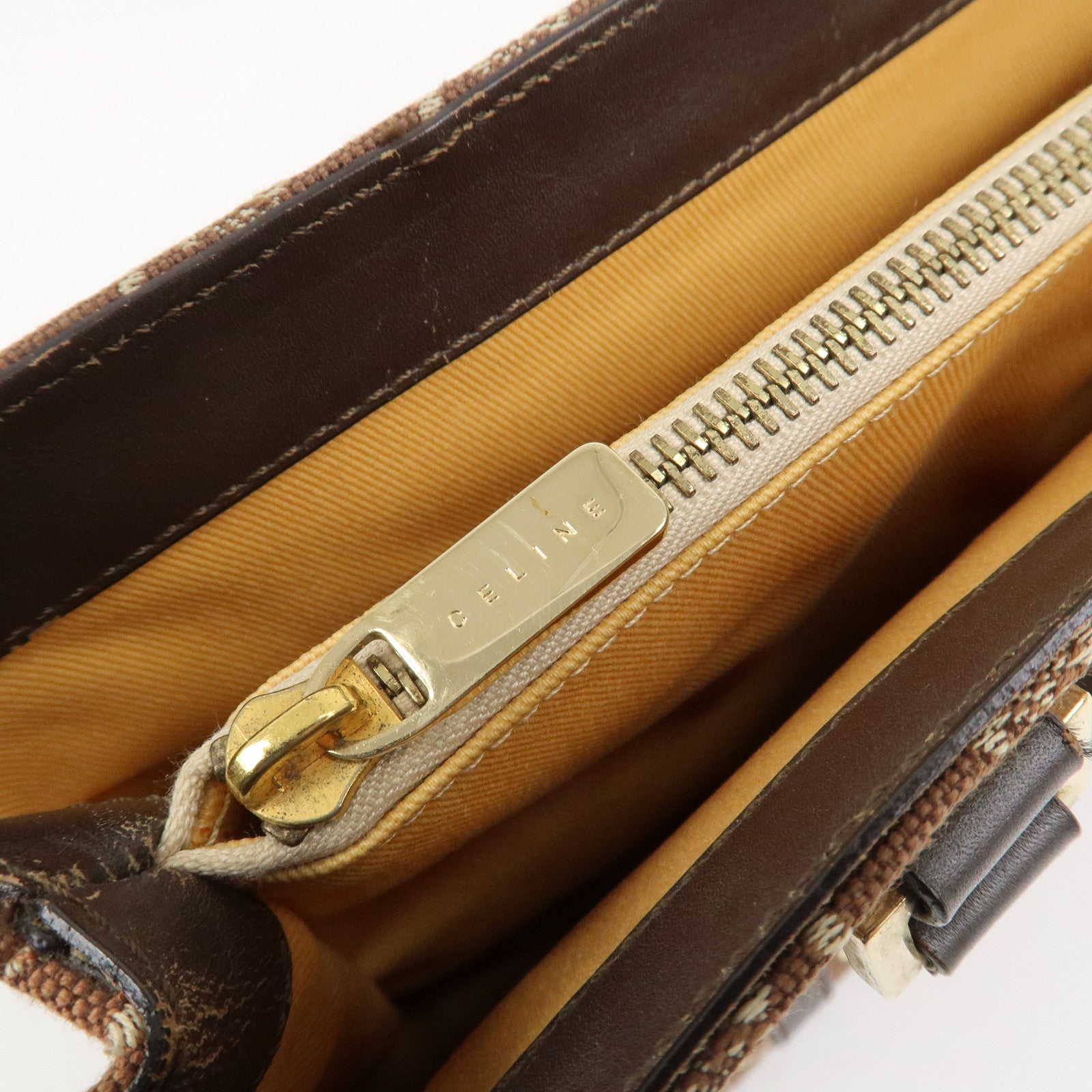 CELINE C Macadam Canvas Leather Hand Bag Brown Beige