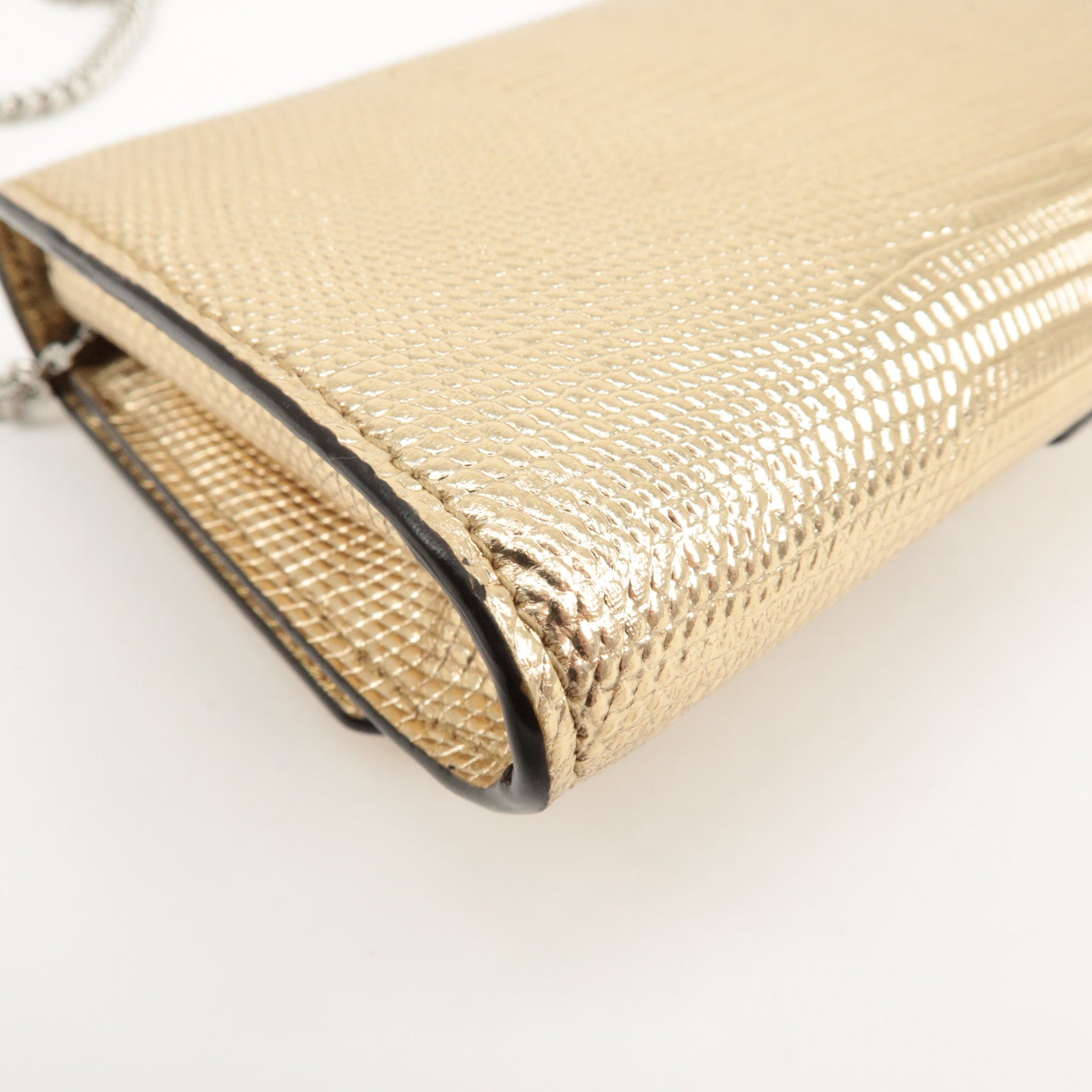 JIMMY CHOO Leather Rhine Stone Chain Wallet Gold Silver HDW Used