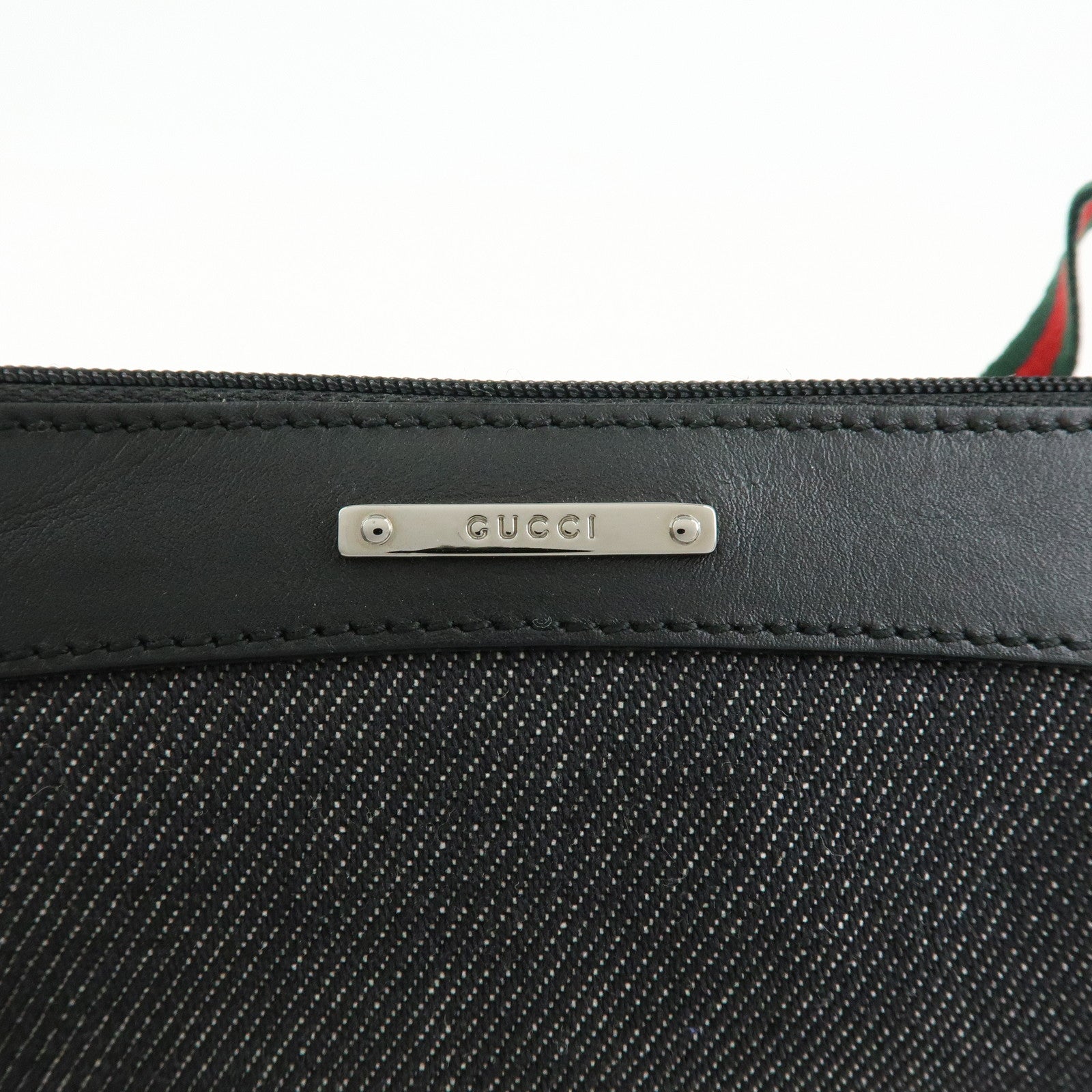 GUCCI Sherry Denim Leather Accessory Pouch Hand Bag Black 92820