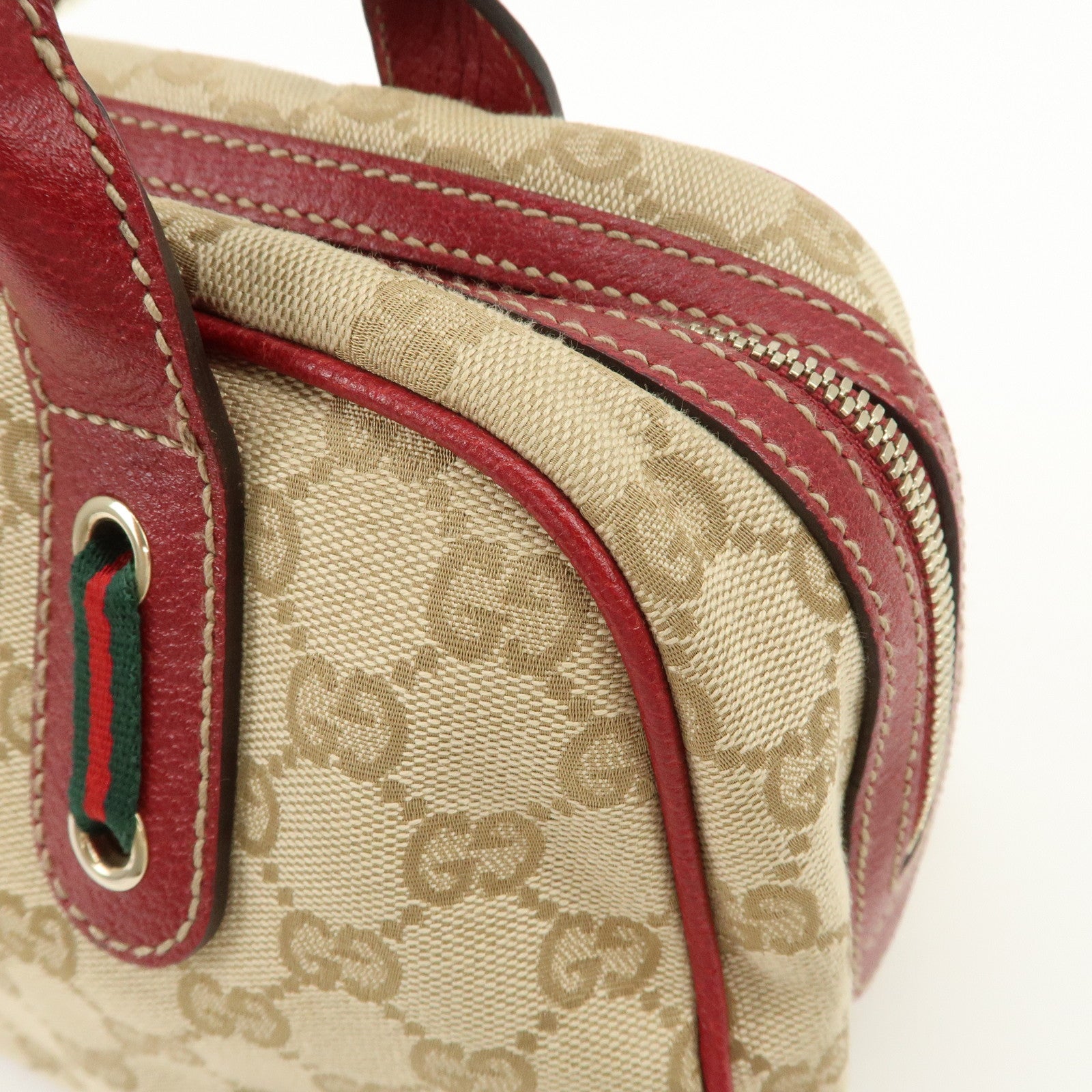 GUCCI Sherry Princy Leather GG Canvas Boston Bag Beige Red 161720