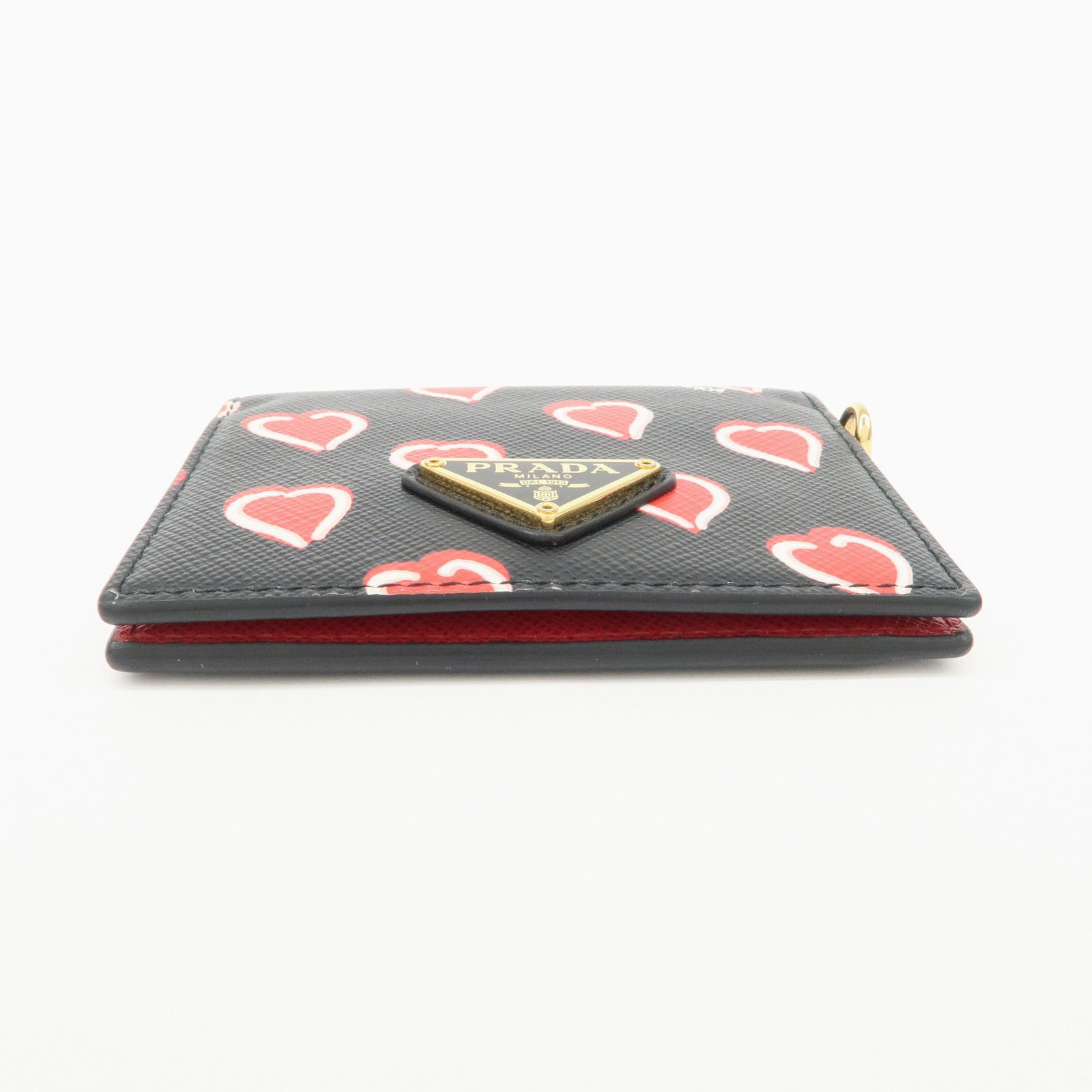 PRADA Saffiano Leather Heart Card Case Pass Case Black Red 1MC006