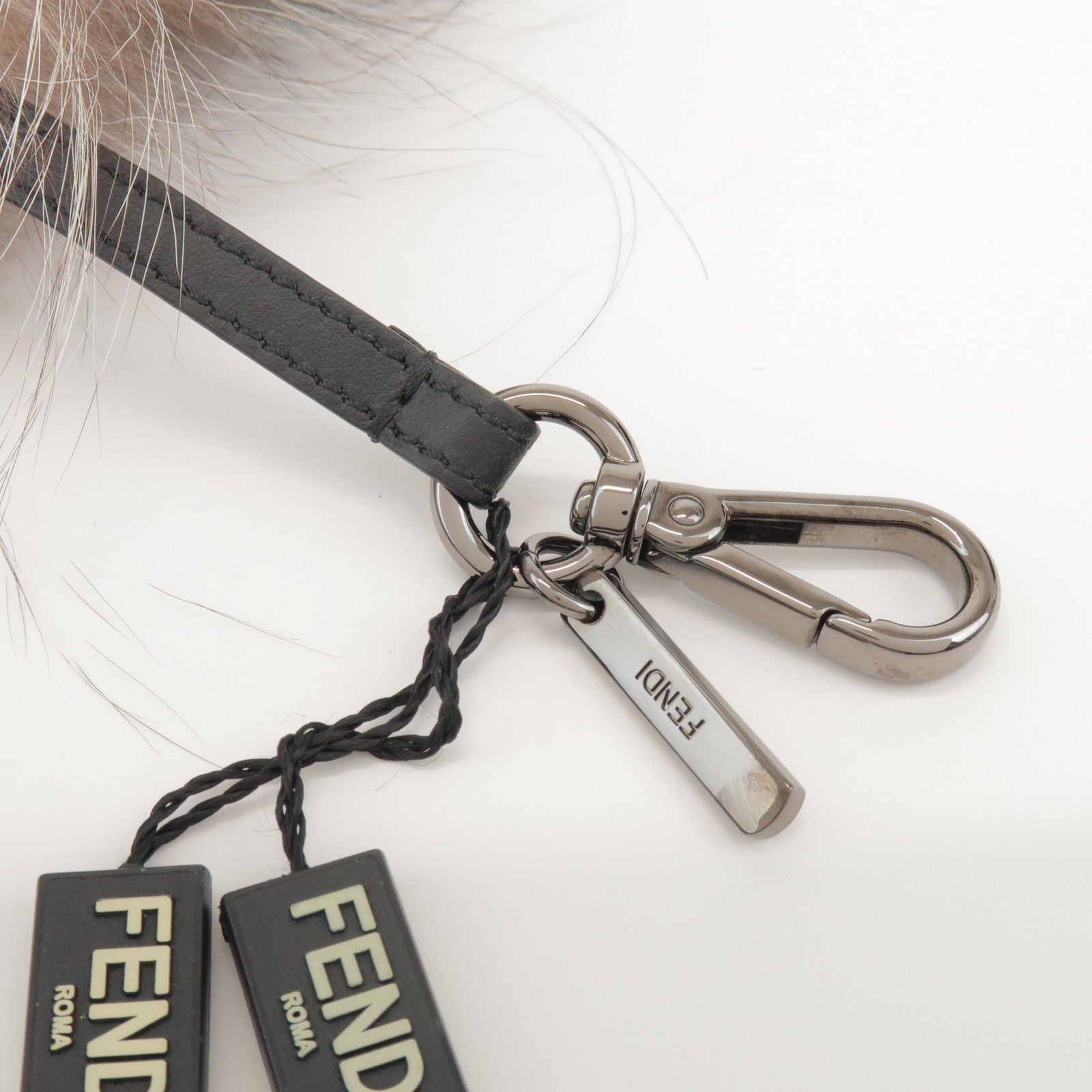 FENDI Fur Leather Monster Bag Charm Key Chain Black Greige