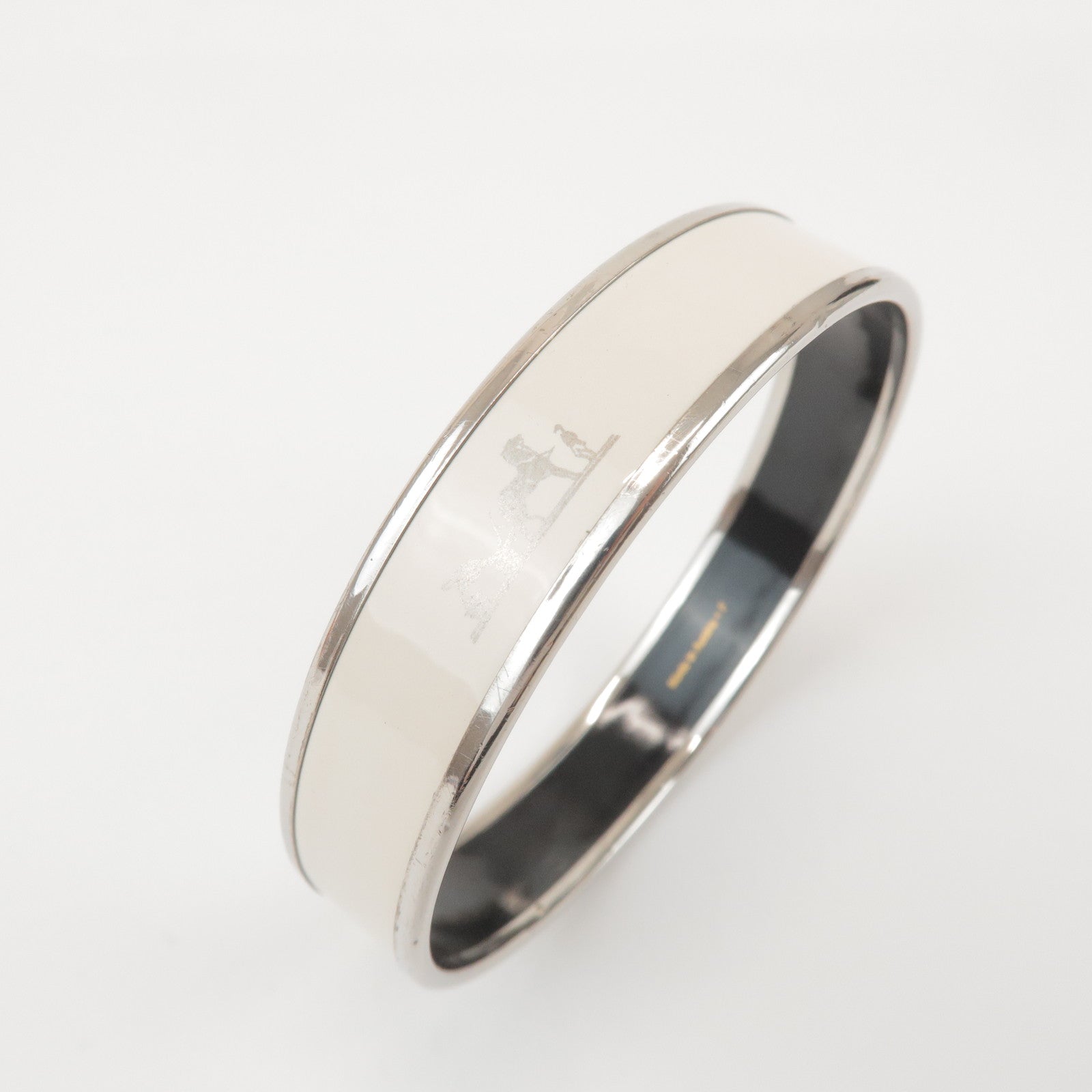 HERMES Email MM Bangle Plated Bracelet Ivory Silver