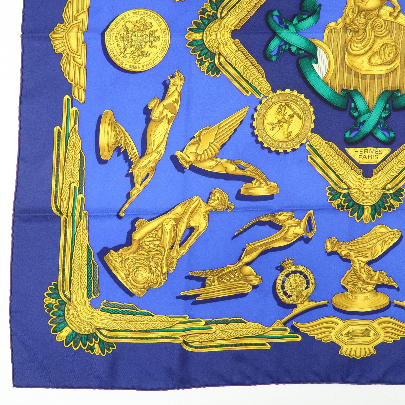 HERMES Carre 90 Silk 100% Scarf LES PARURES DU VENT Navy Gold