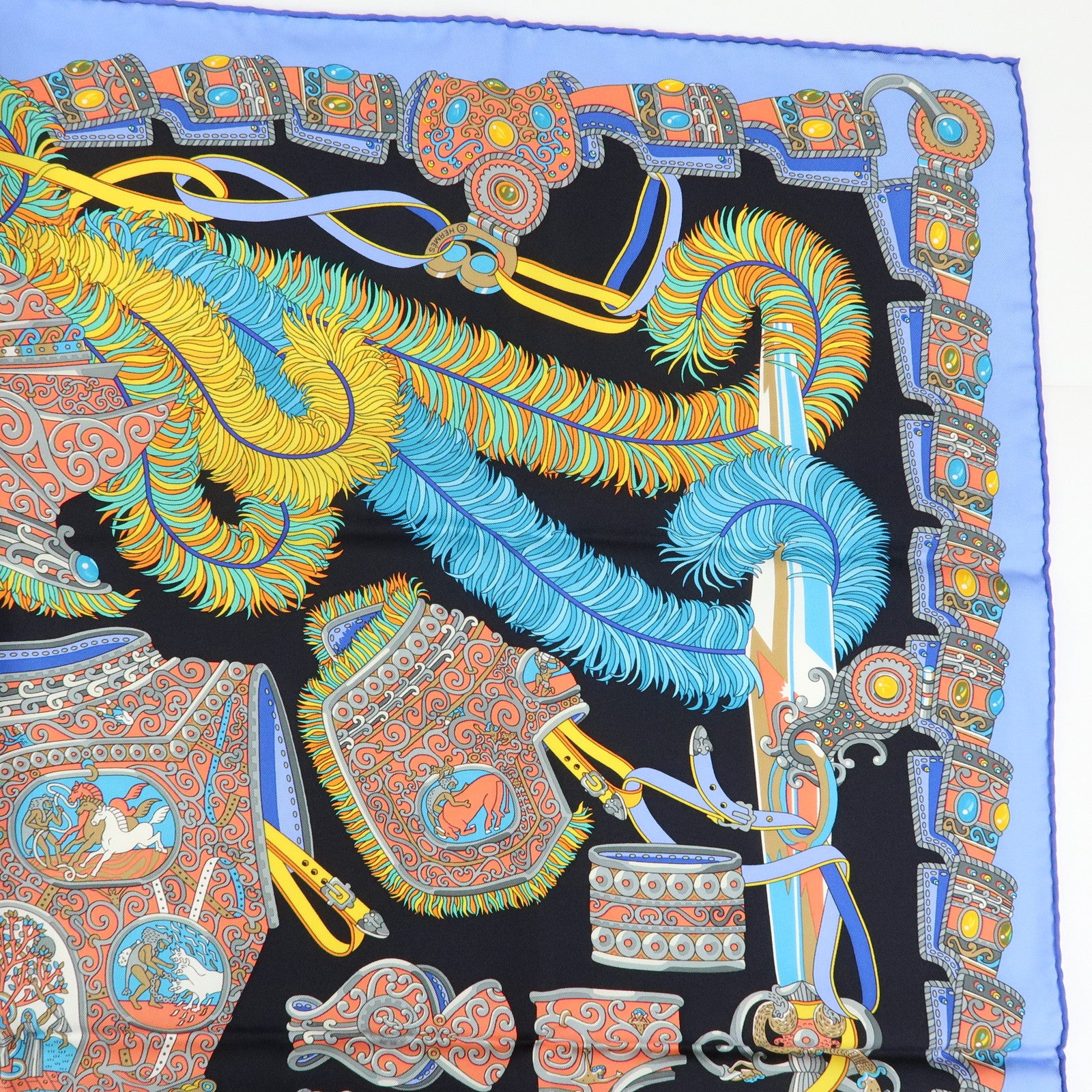 HERMES Carre 90 Silk 100% Scarf SOUS LE GIDE DE MARS Black Blue