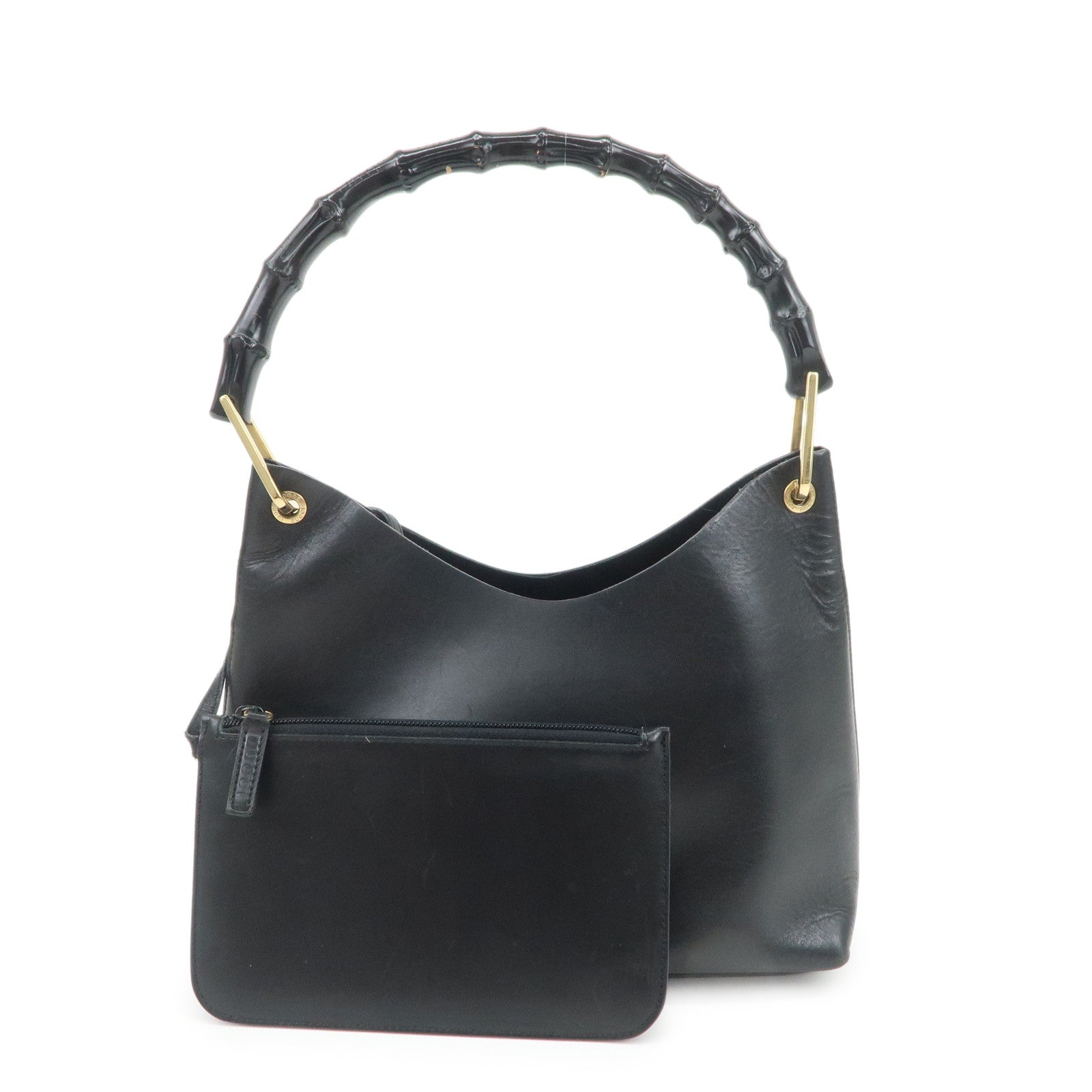 GUCCI Bamboo Leather Shoulder Bag Hand Bag Black Gold