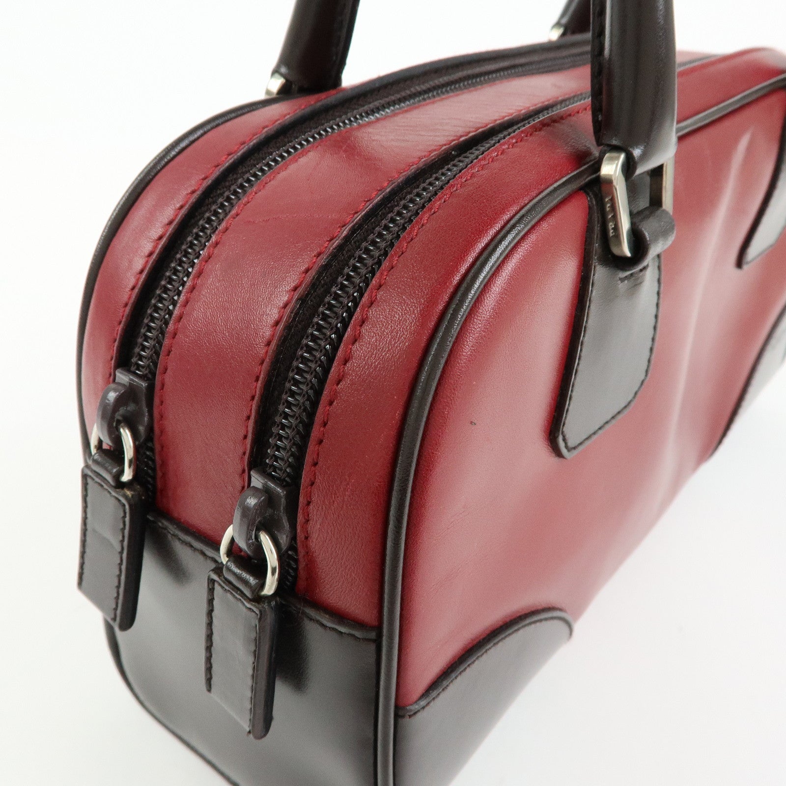 PRADA Leather Bicolor Hand Bag Mini Boston Bag Red Brown